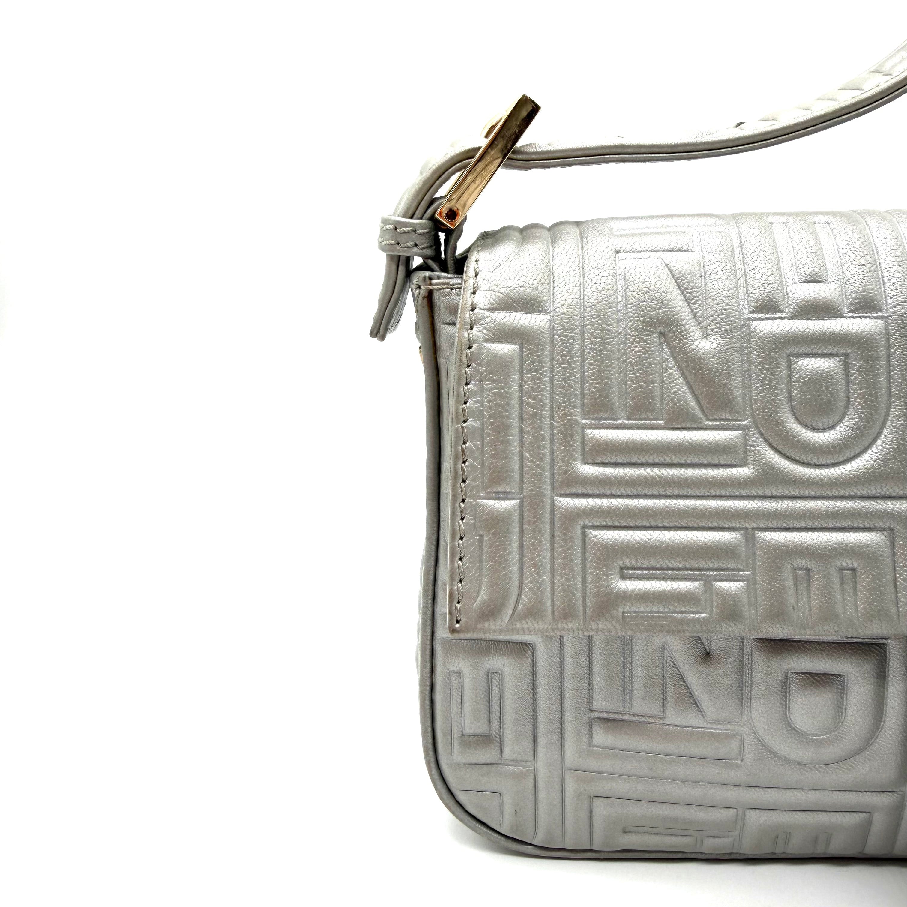 Fendi Baguette FF Embossed Shoulder Bag | Metallic Silver Leather | Gold-Tone Hardware (27cm)