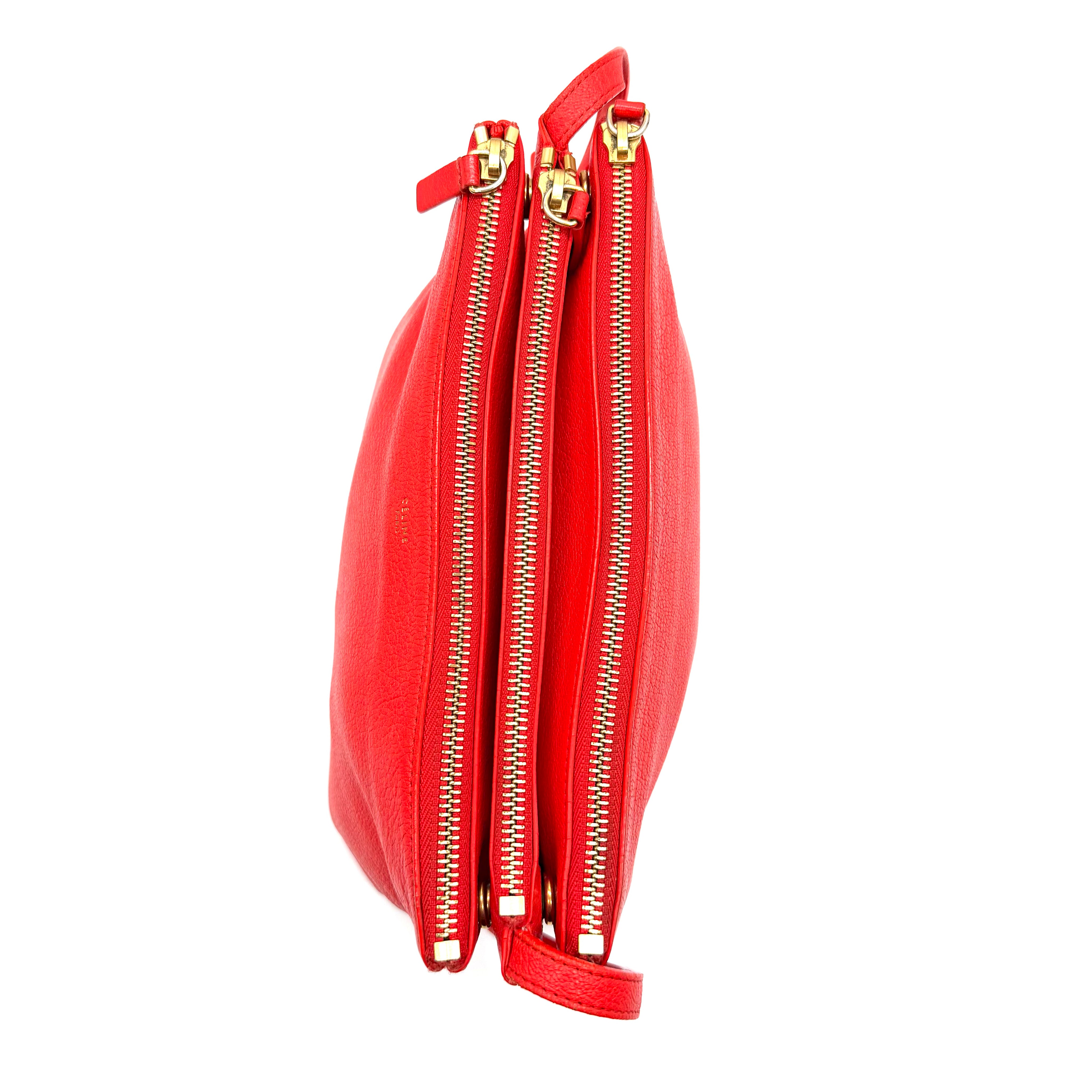Celine | Trio Crossbody Bag | Red Grained Leather | Gold-Tone Hardware