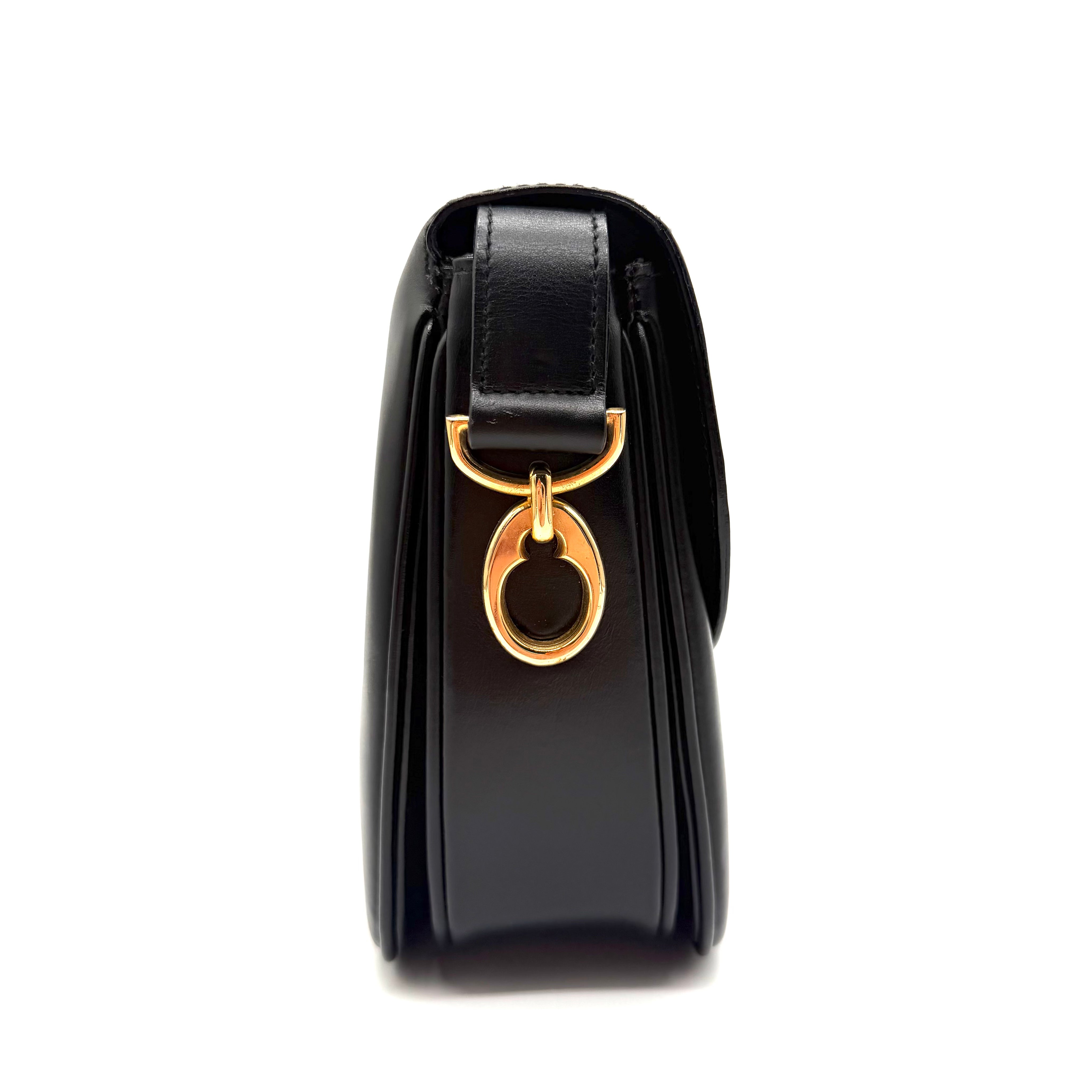 Vintage Celine Ring-Clasp Shoulder Bag | Black Leather | Gold-Tone Hardware