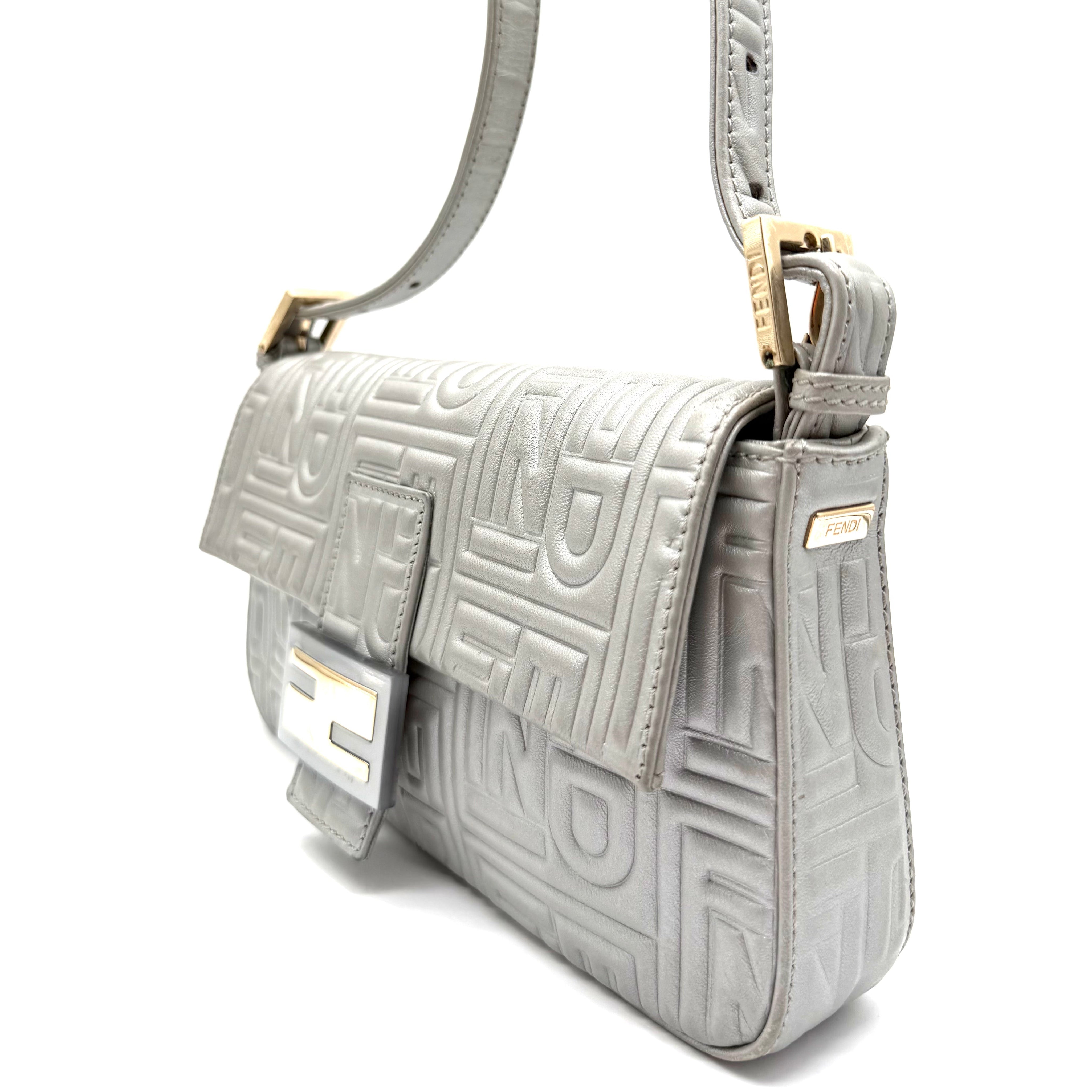 Fendi Baguette FF Embossed Shoulder Bag | Metallic Silver Leather | Gold-Tone Hardware (27cm)