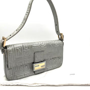 Fendi Baguette FF Embossed Shoulder Bag | Metallic Silver Leather | Gold-Tone Hardware (27cm)