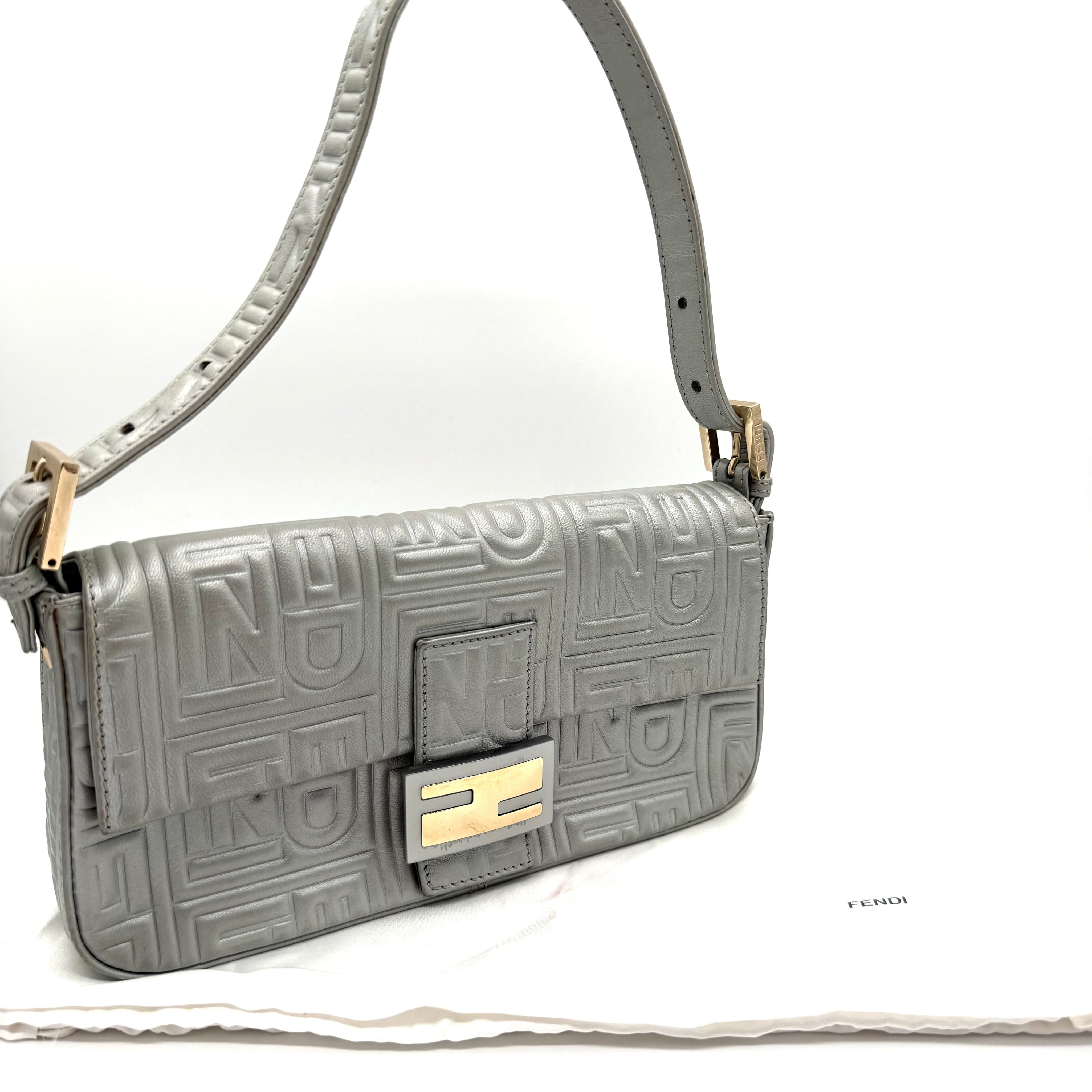 Fendi Baguette FF Embossed Shoulder Bag | Metallic Silver Leather | Gold-Tone Hardware (27cm)
