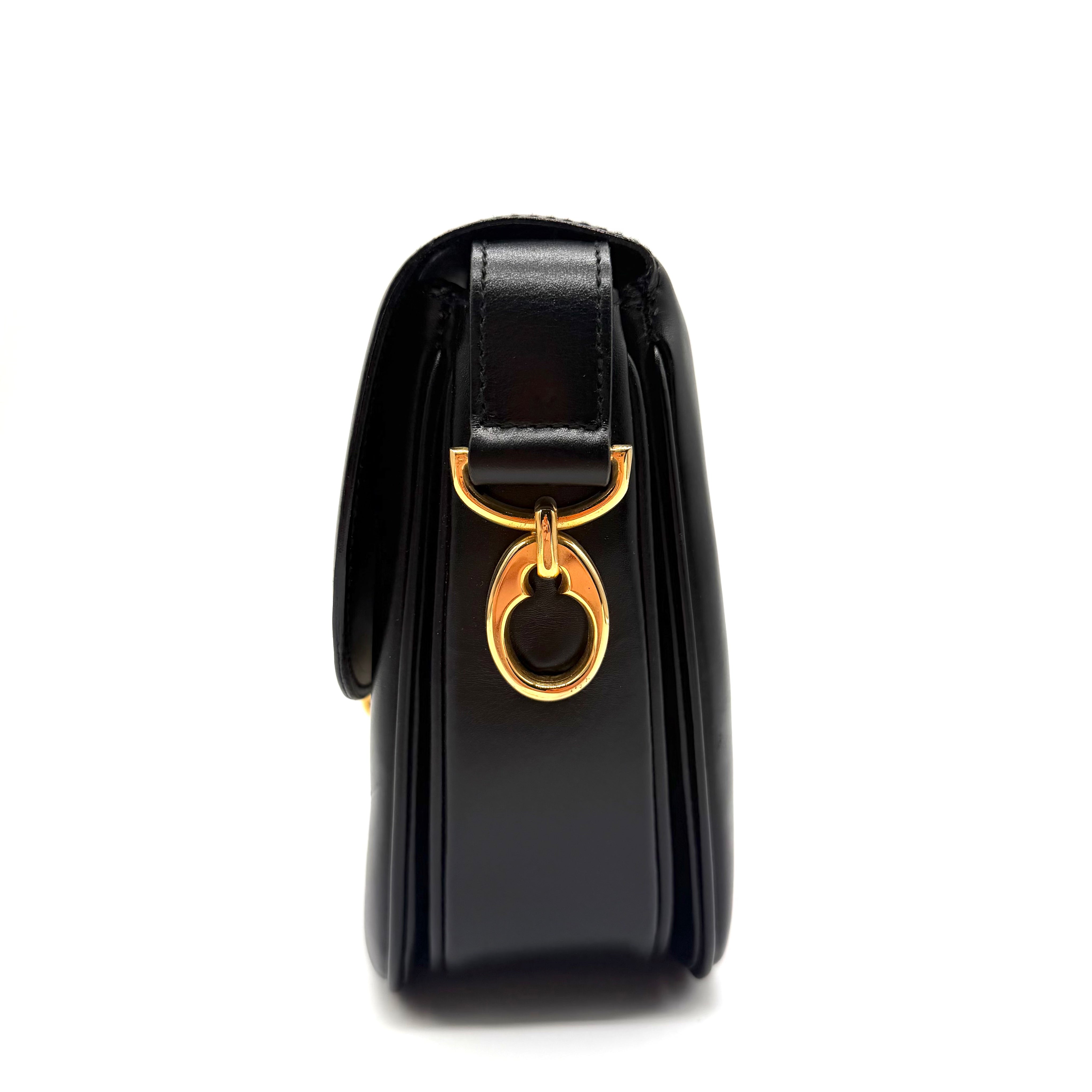 Vintage Celine Ring-Clasp Shoulder Bag | Black Leather | Gold-Tone Hardware