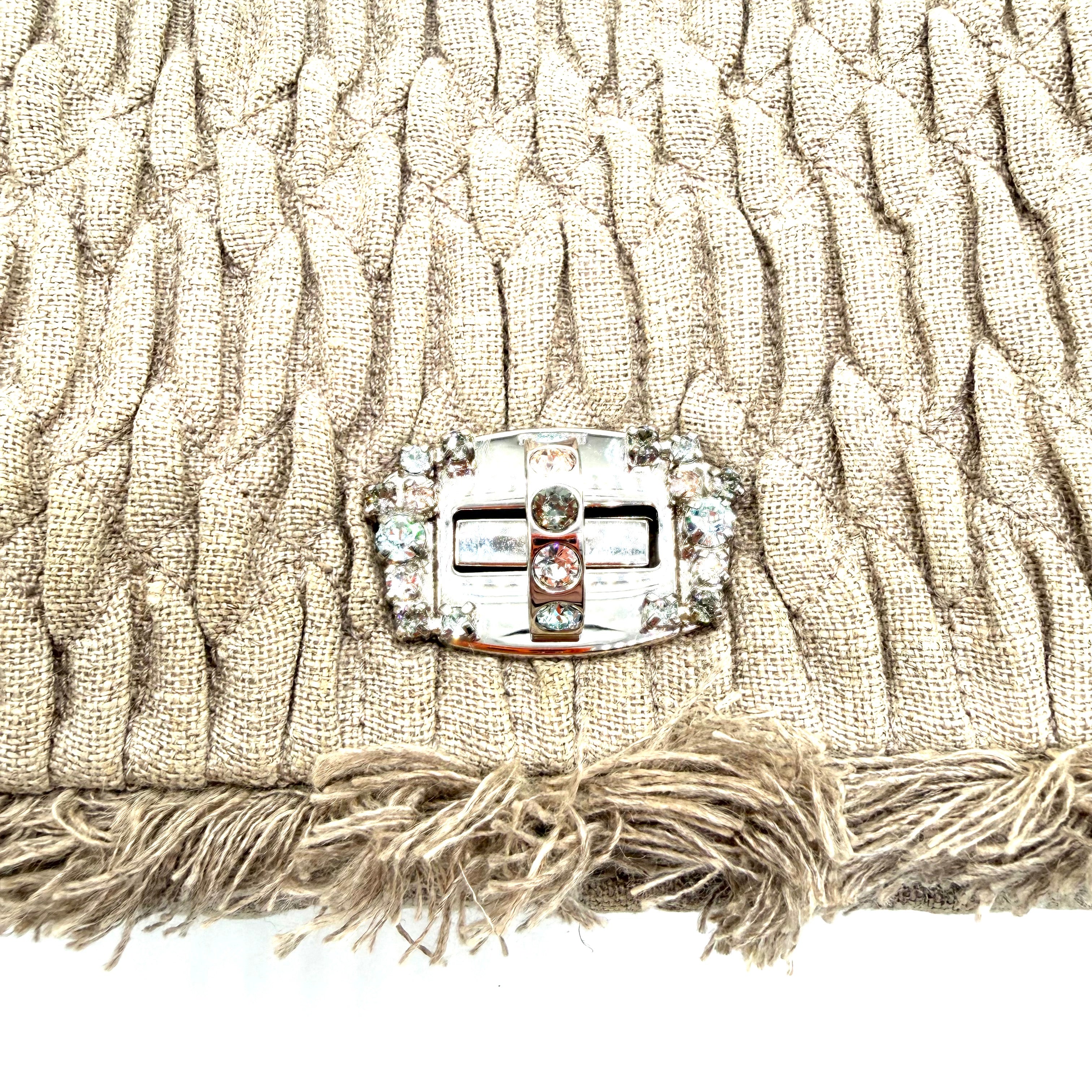 Miu Miu | Crystal Pleated Shoulder Bag | Beige Linen | Silver-Tone Hardware (22cm)