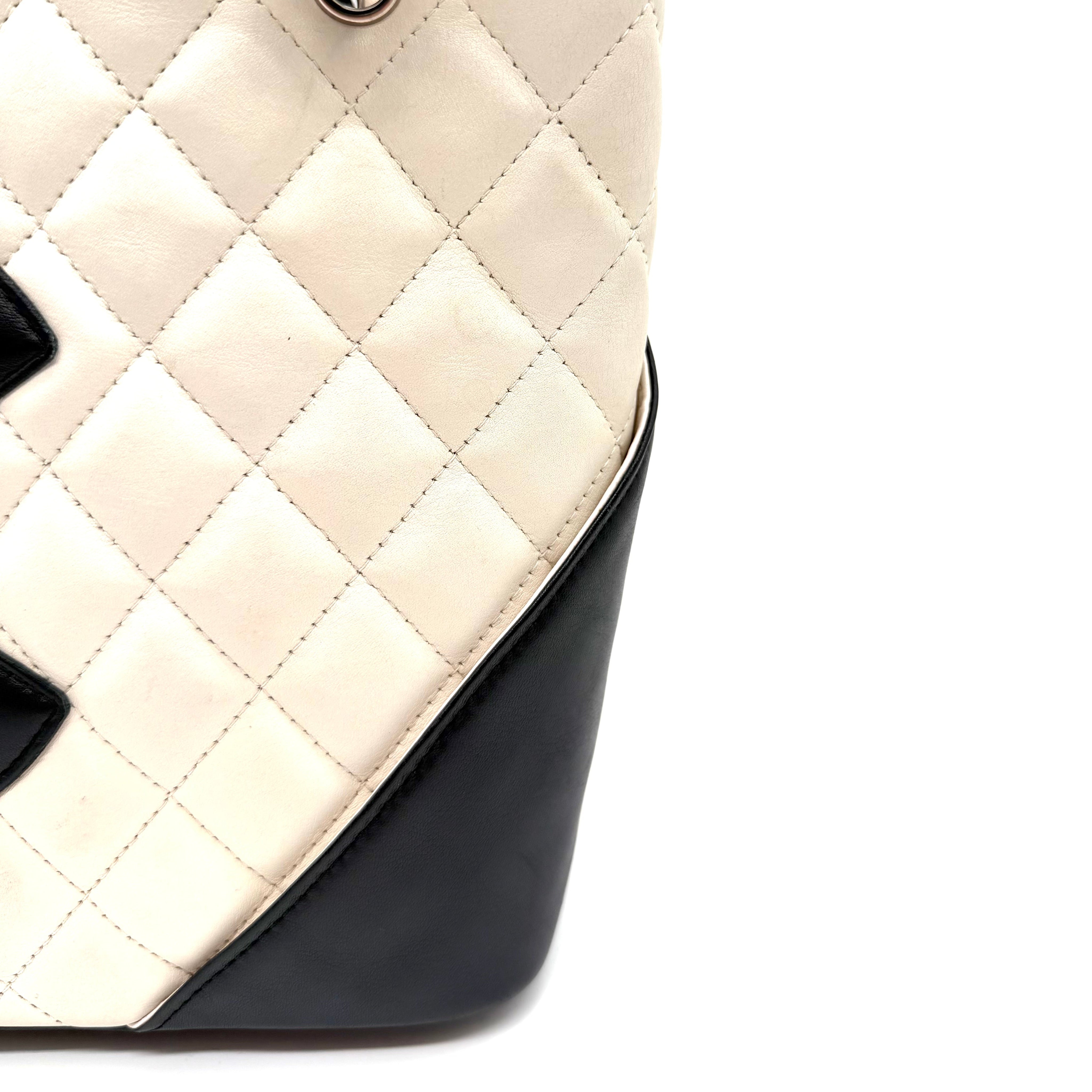 Chanel Cambon Ligne  Small Tote Bag | Ivory Quilted Leather & Black CC Appliqué