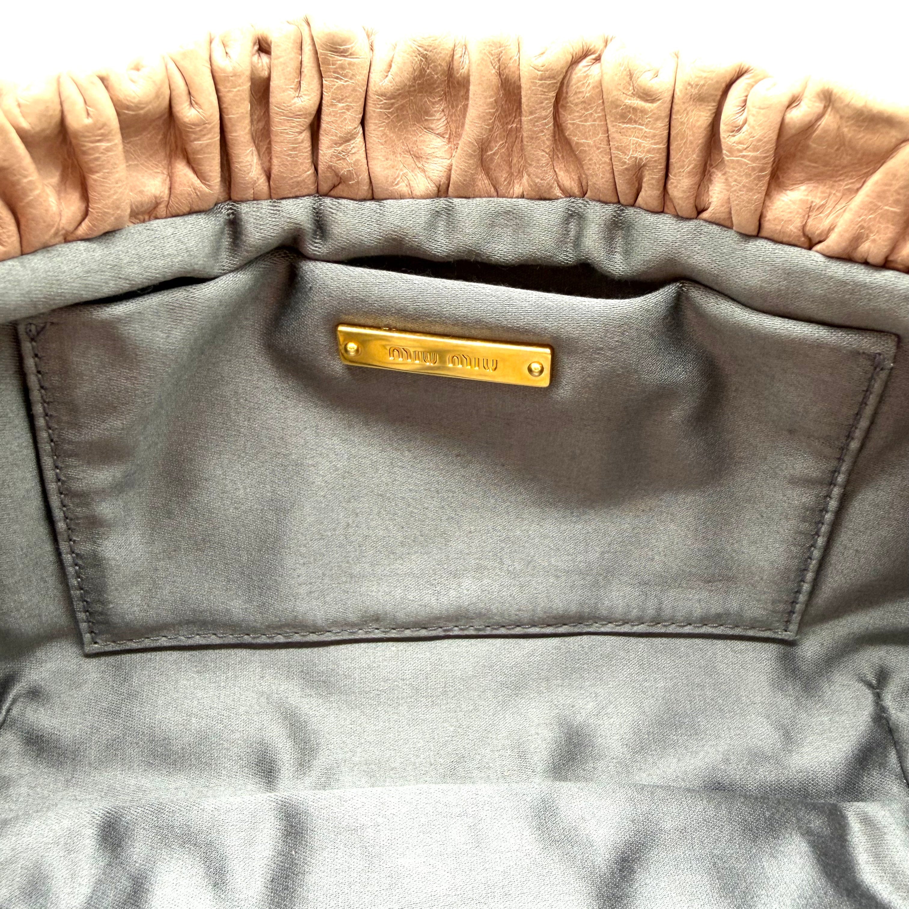 Miu Miu Gathered Leather Clutch | Metallic Blush Pink | Gold-Tone Hardware