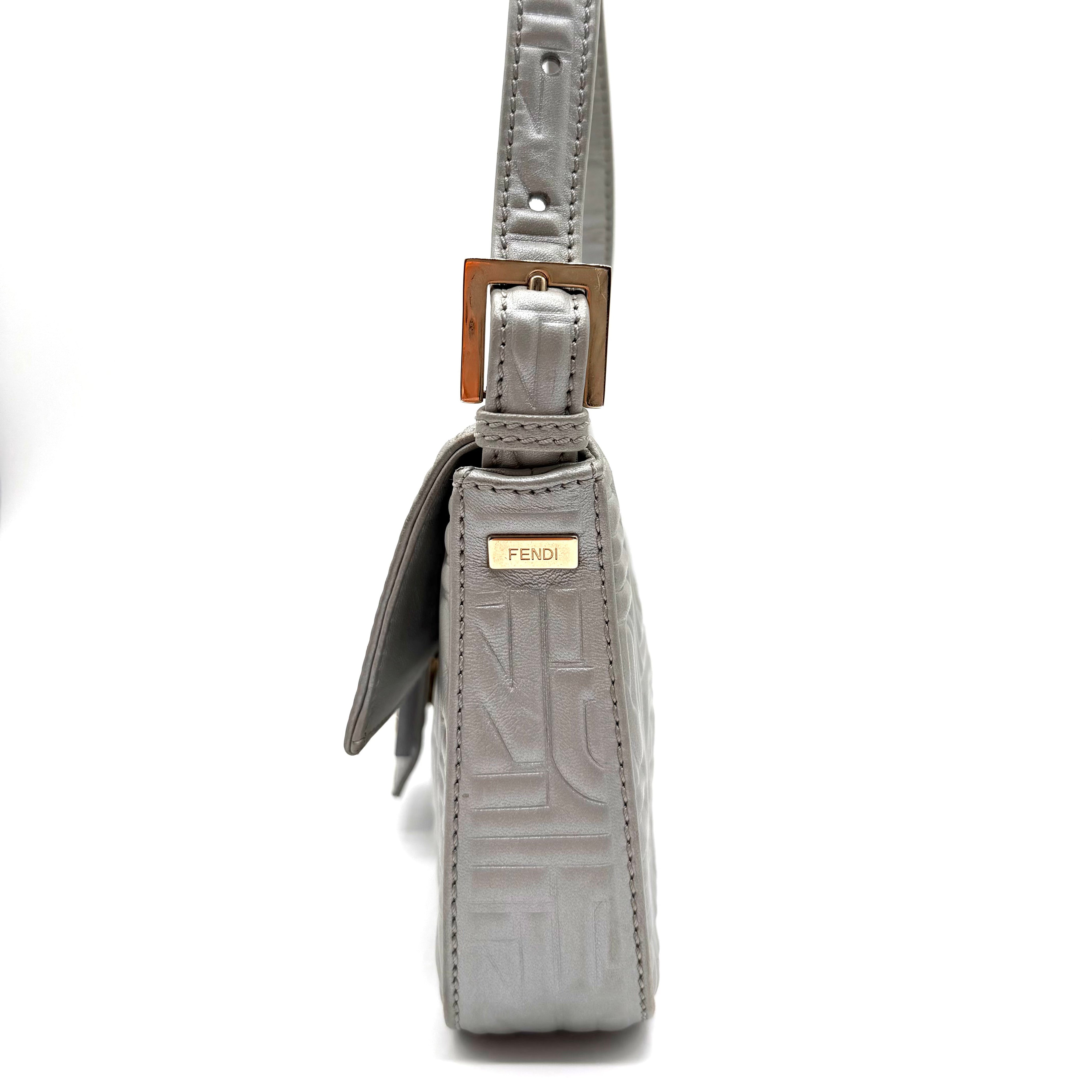 Fendi Baguette FF Embossed Shoulder Bag | Metallic Silver Leather | Gold-Tone Hardware (27cm)