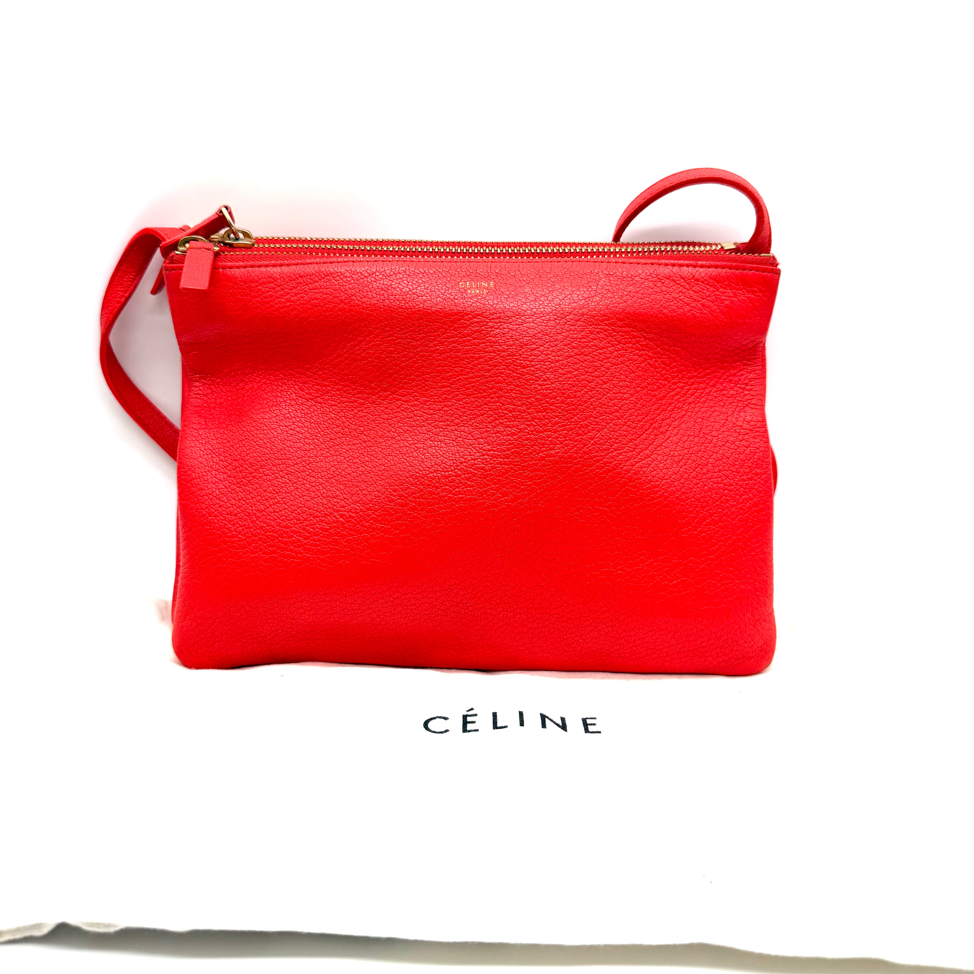 Celine | Trio Crossbody Bag | Red Grained Leather | Gold-Tone Hardware