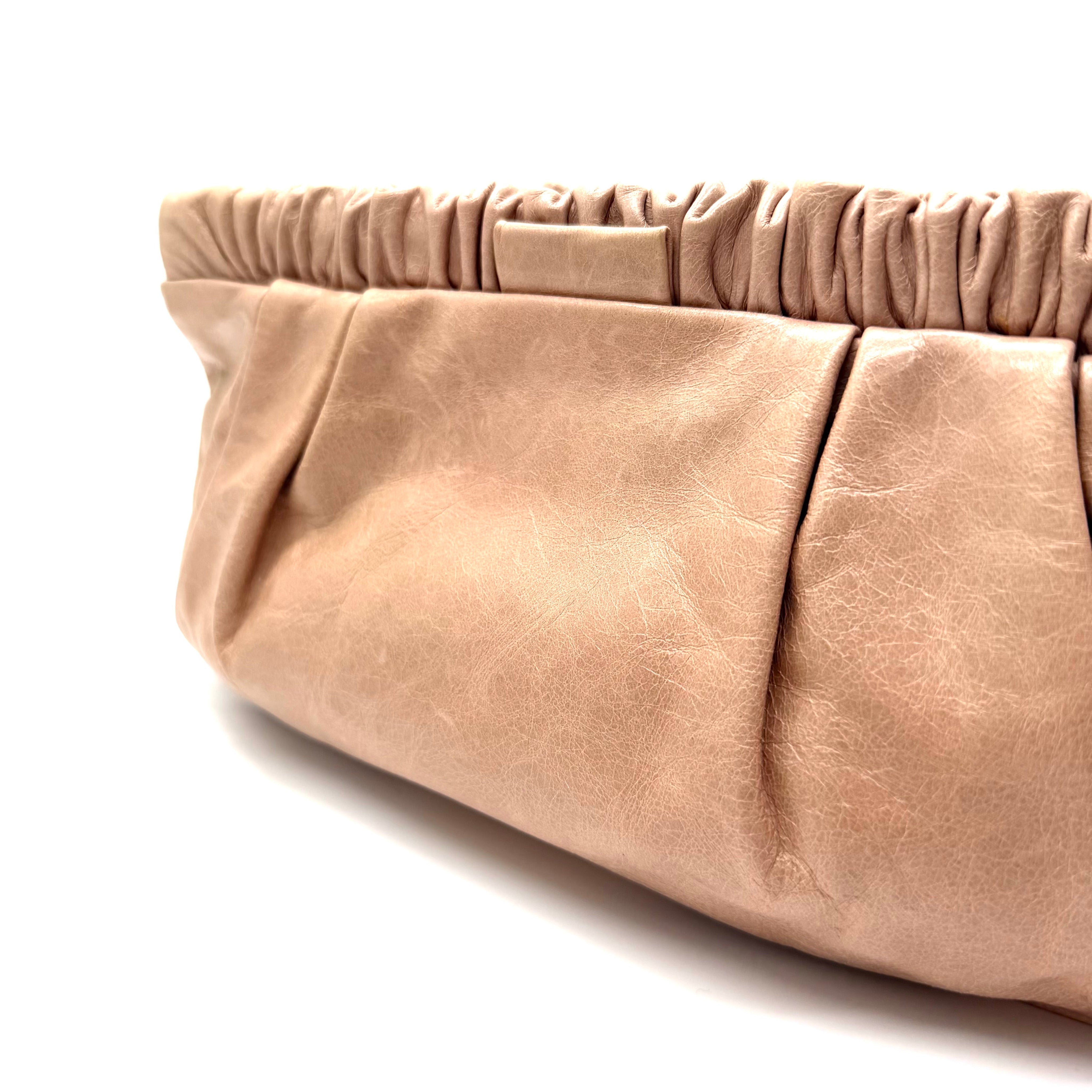 Miu Miu Gathered Leather Clutch | Metallic Blush Pink | Gold-Tone Hardware
