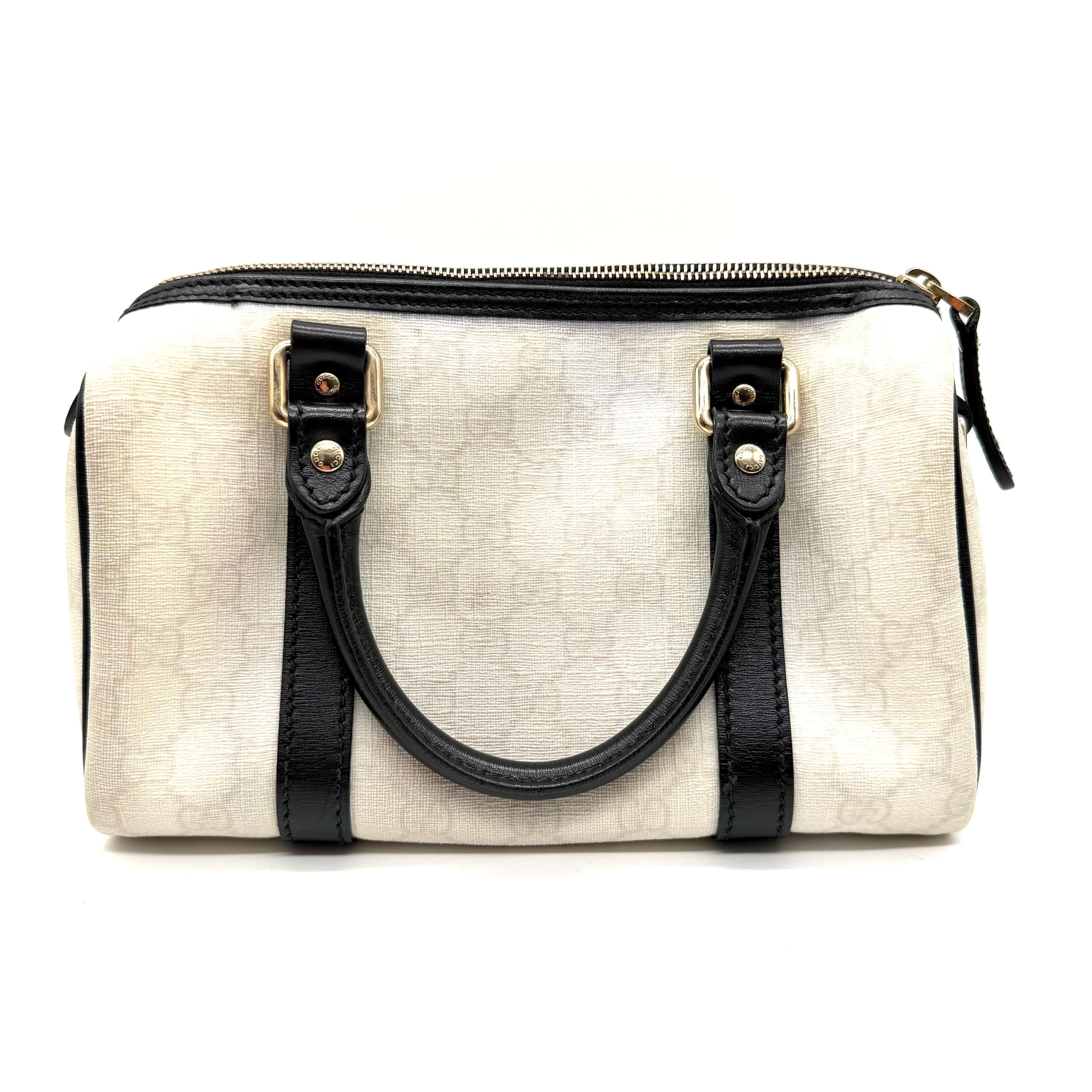 Gucci Joy Boston Bag | Ivory GG Canvas & Black Leather | Gold-Tone Hardware
