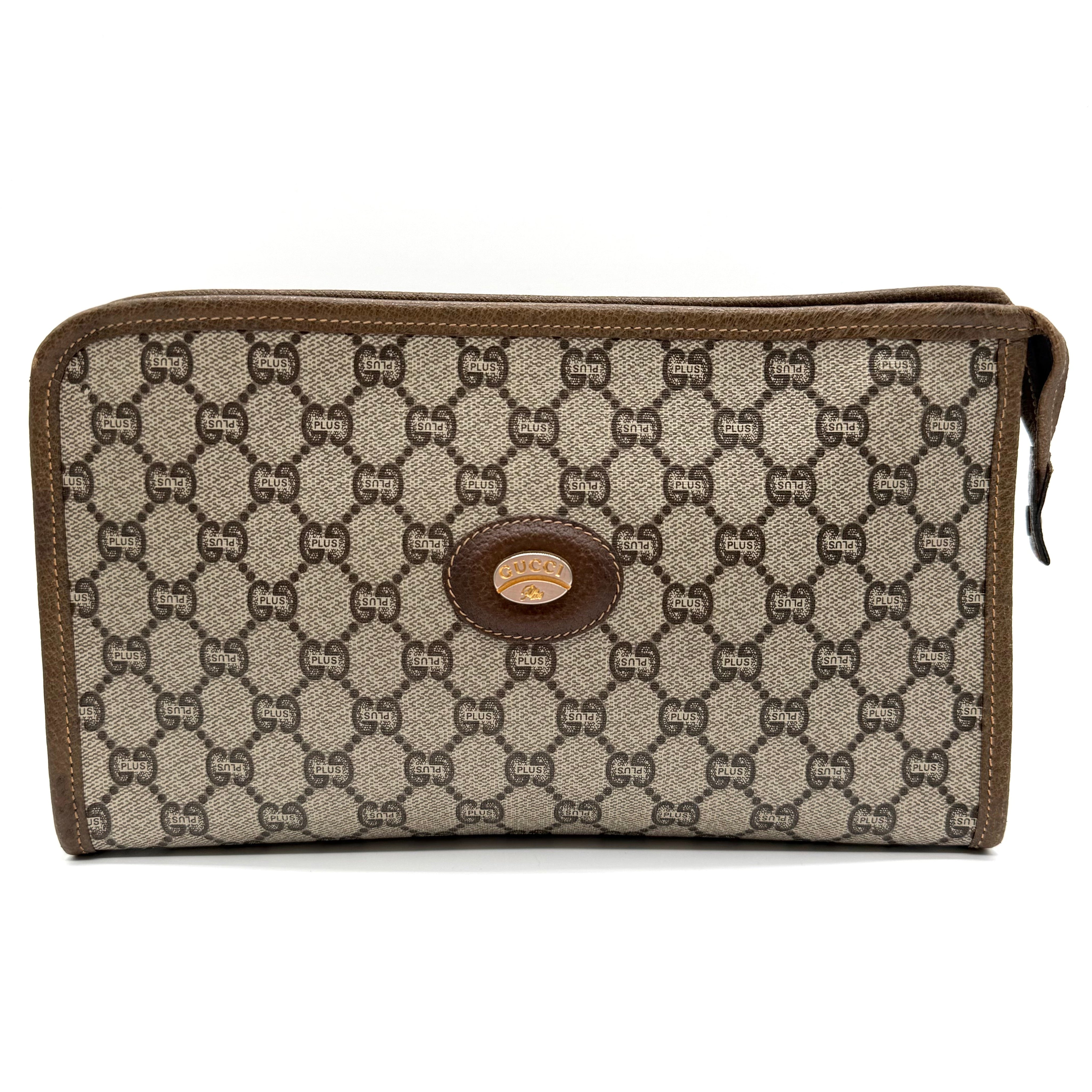 Gucci Vintage GG Plus Monogram Clutch | Beige & Brown | Gold-Tone Hardware (27cm)