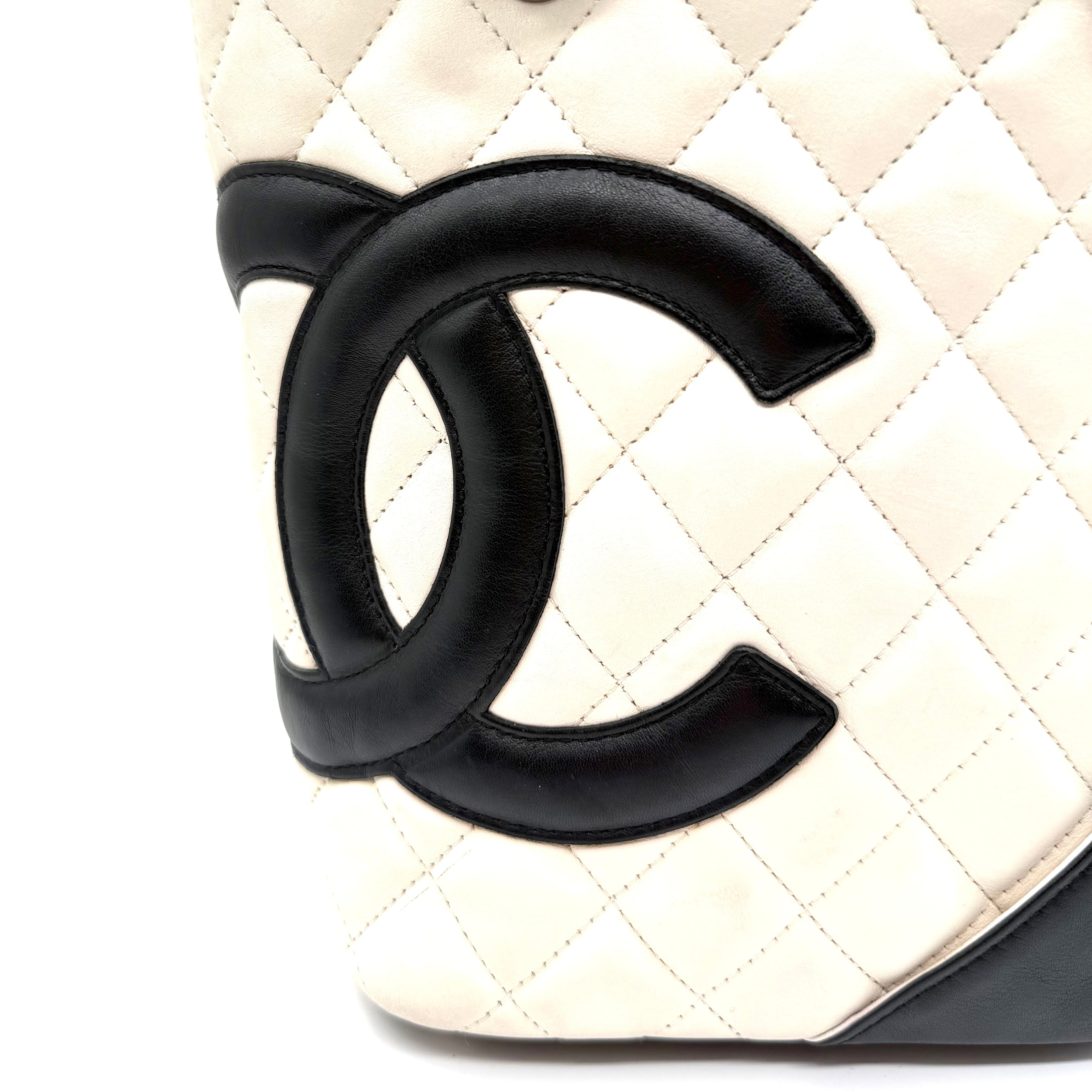 Chanel Cambon Ligne  Small Tote Bag | Ivory Quilted Leather & Black CC Appliqué