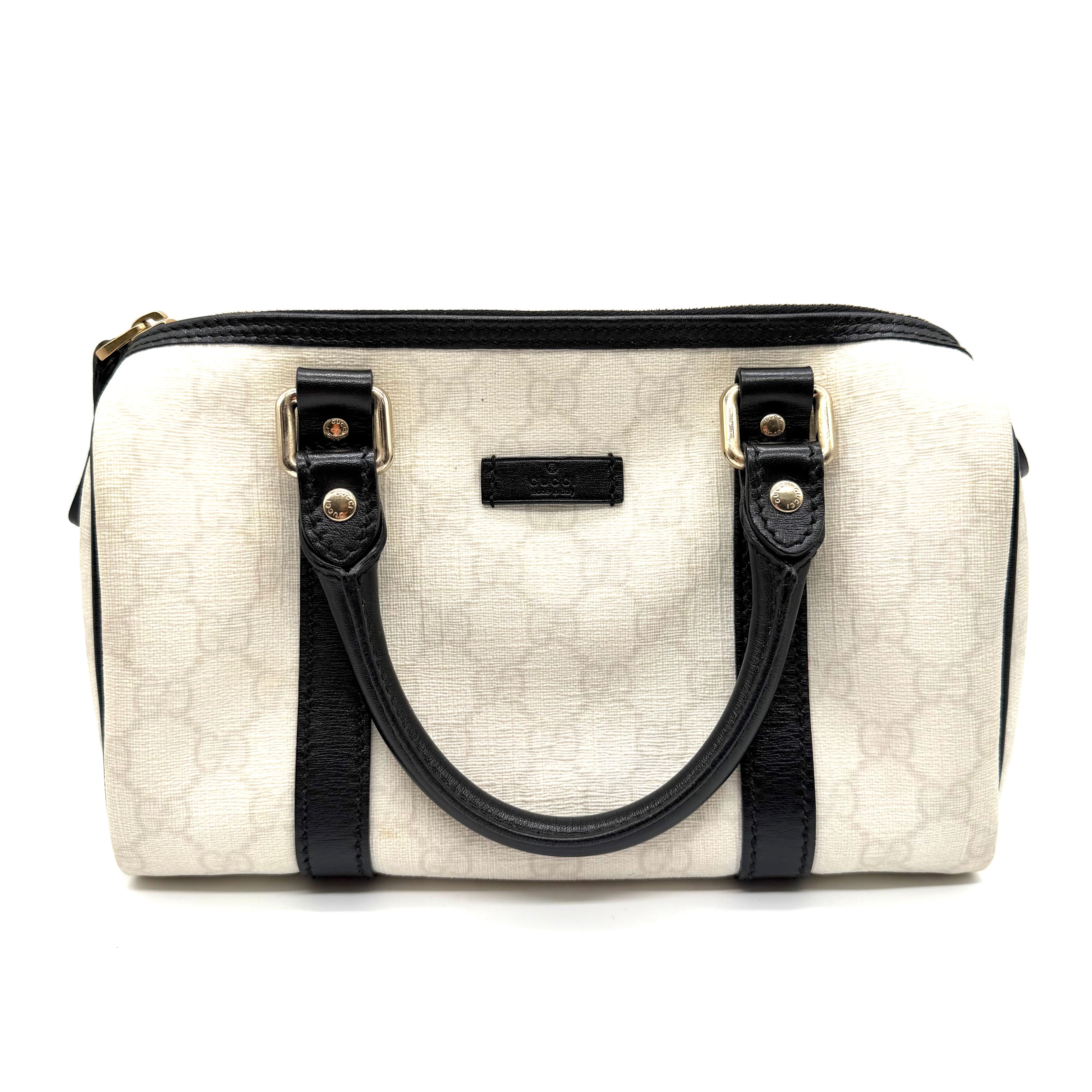 Gucci Joy Boston Bag | Ivory GG Canvas & Black Leather | Gold-Tone Hardware