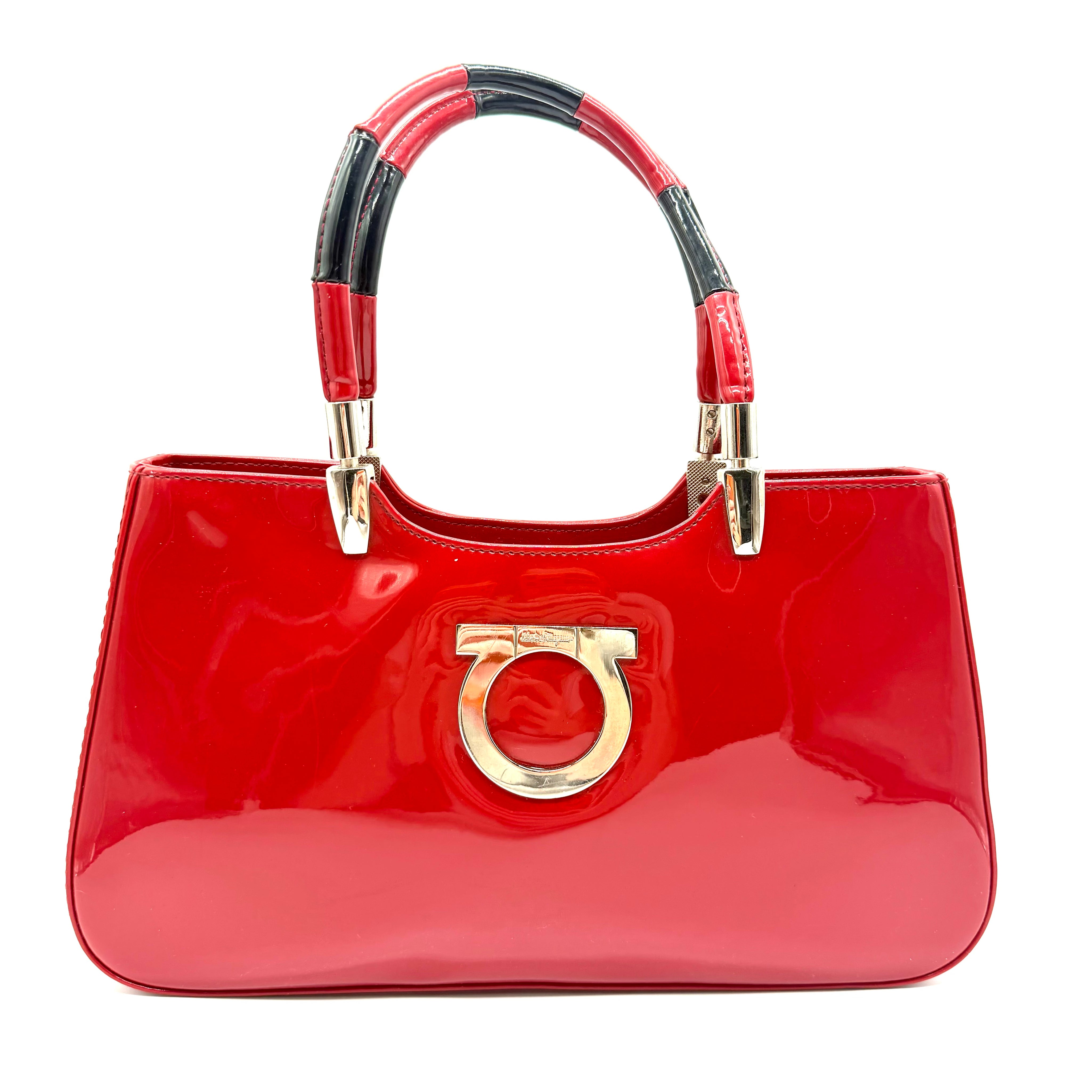 Salvatore Ferragamo Gancini Tote Bag | Red Patent Leather | Gold-Tone Hardware