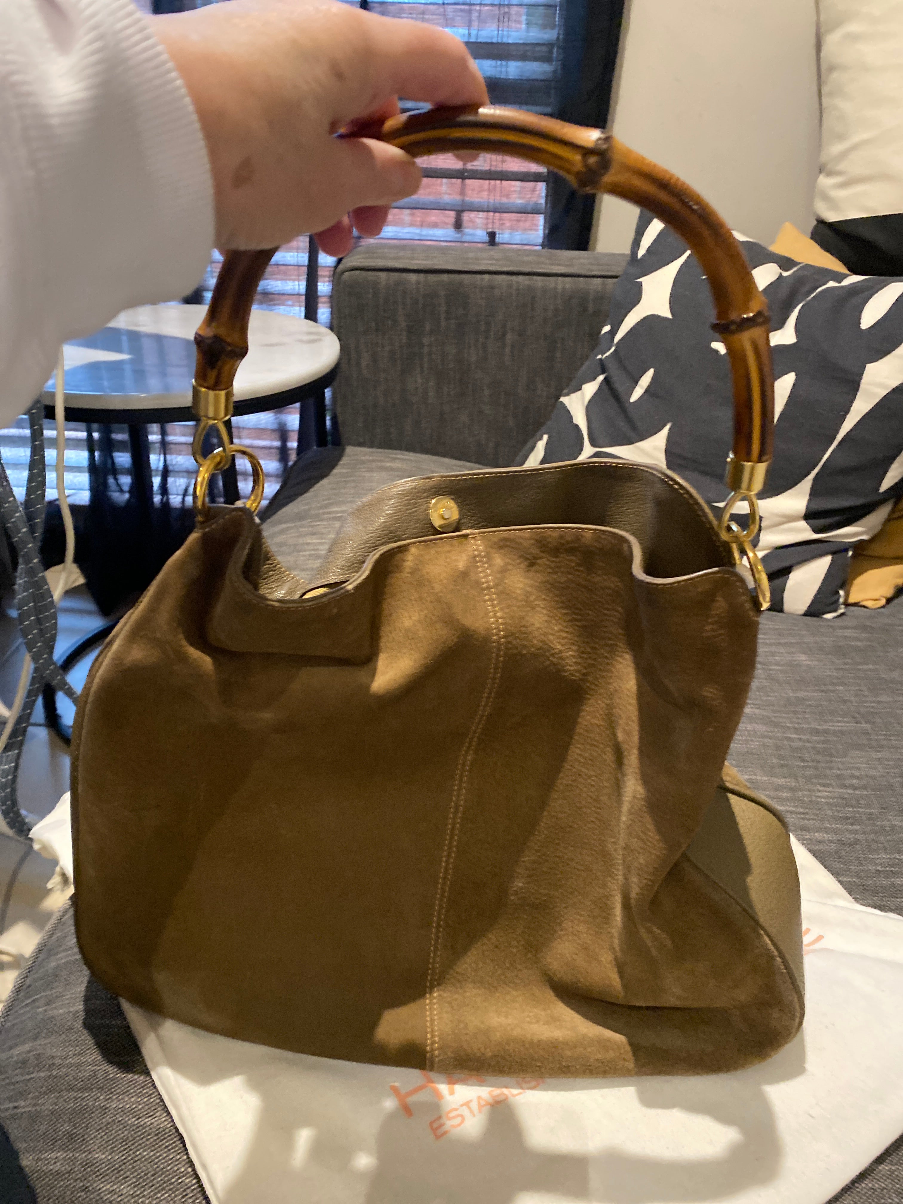 Gucci Olive Suede/Leather Hobo Bag with Bambo Handle