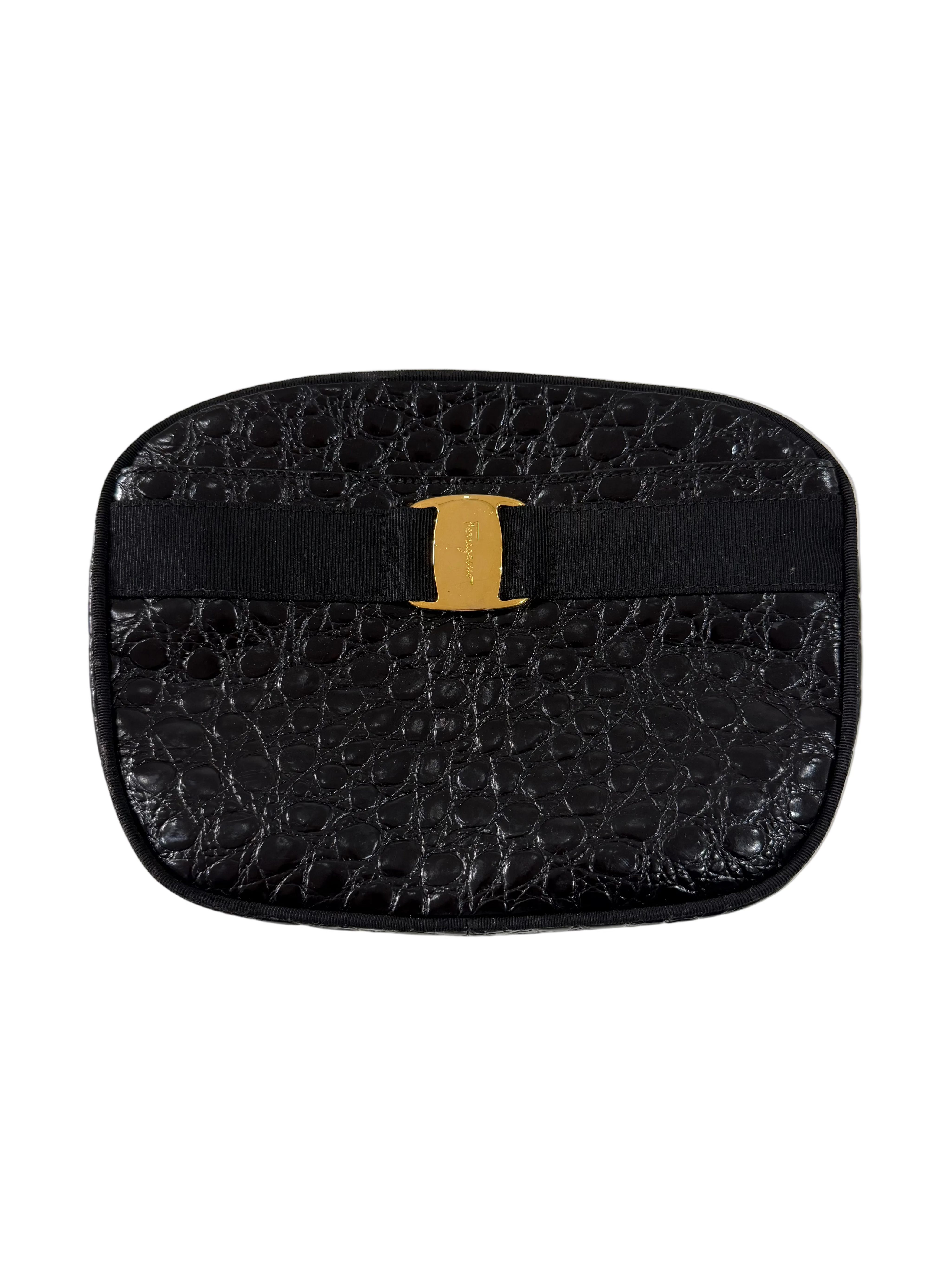 Salvatore Ferragamo | Small Black Croc Embossed Crossbody Bag (Good Condition) - Cons