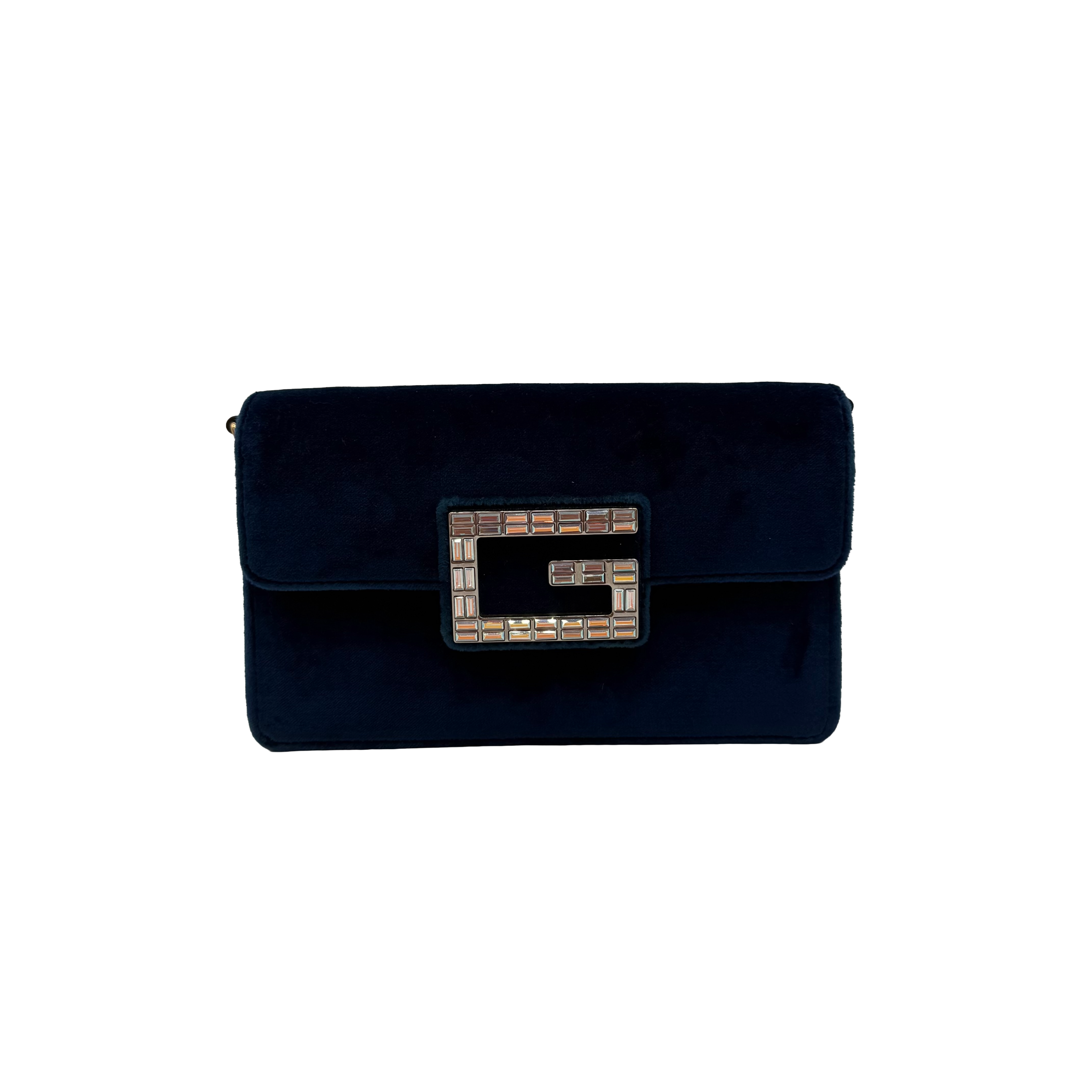 Gucci Broadway Crystal G Clutch | Midnight Blue Velvet | Silver & Gold Hardware