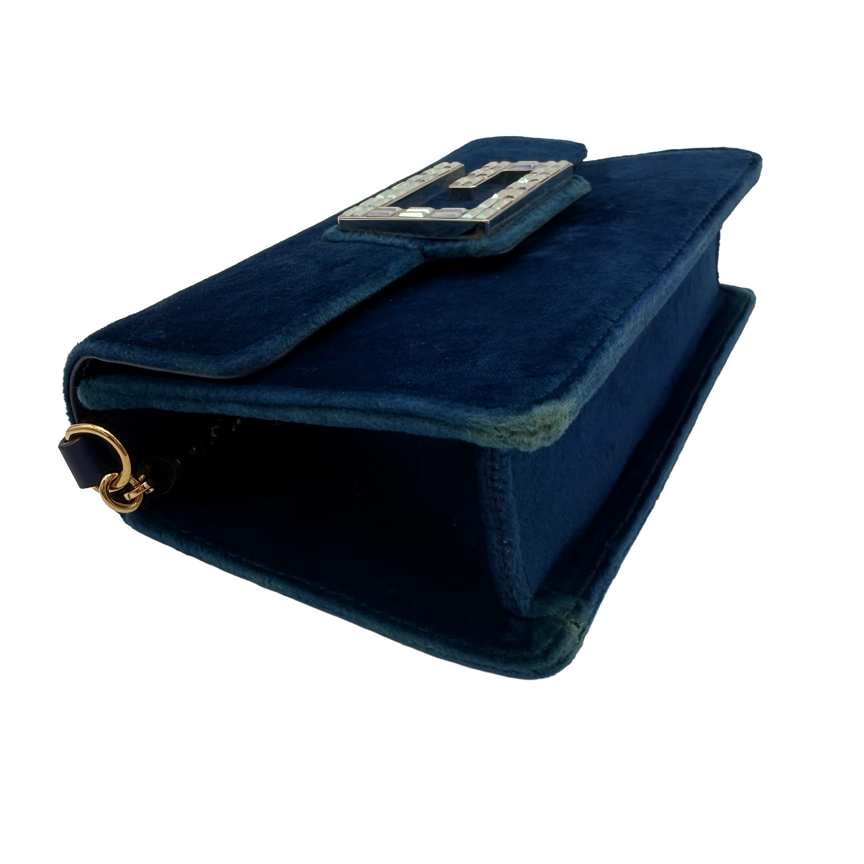 Gucci Broadway Crystal G Clutch | Midnight Blue Velvet | Silver & Gold Hardware
