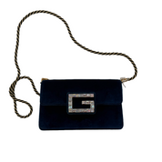 Gucci Broadway Crystal G Clutch | Midnight Blue Velvet | Silver & Gold Hardware