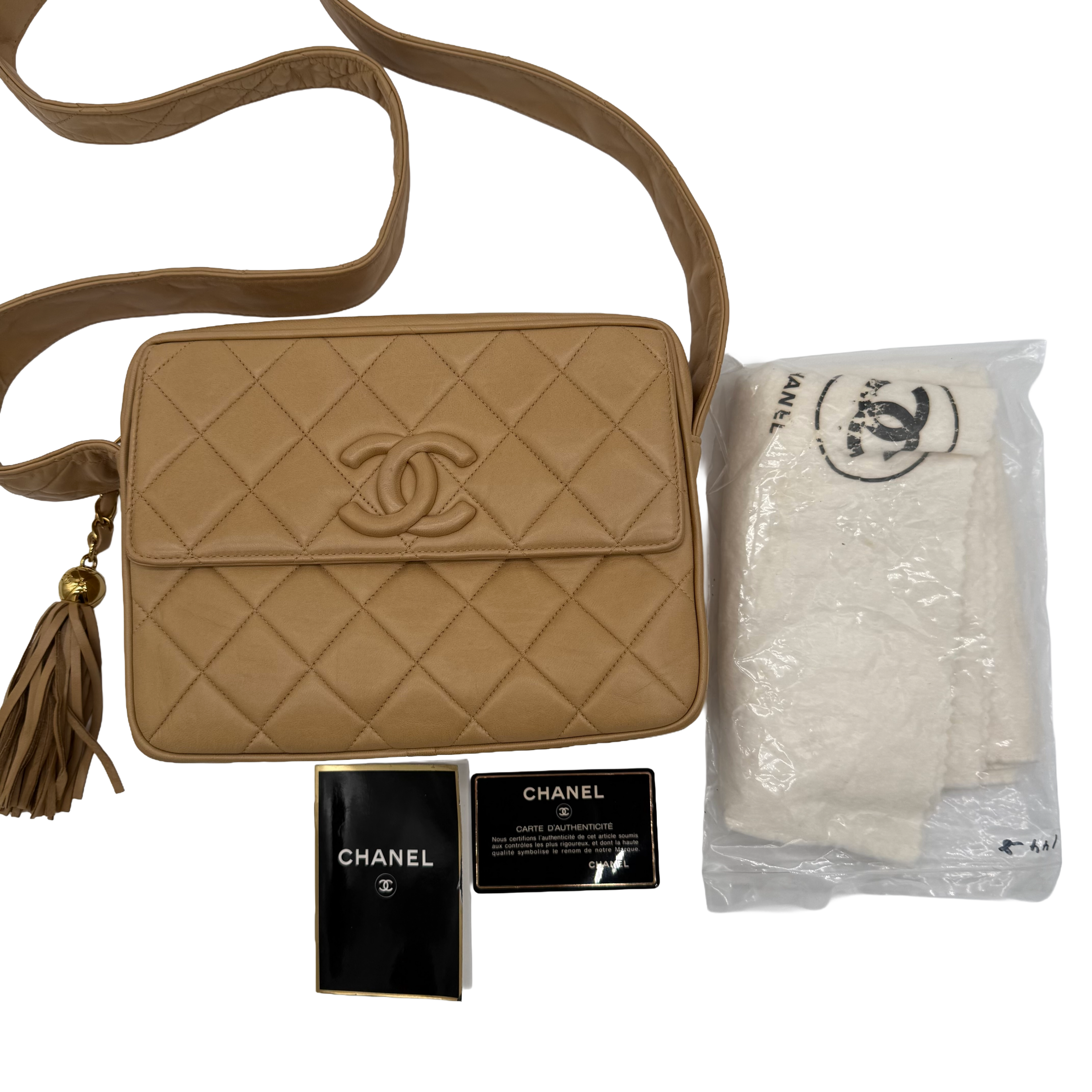 Chanel Vintage CC Tassel Camera Bag | Beige Lambskin | Gold Hardware