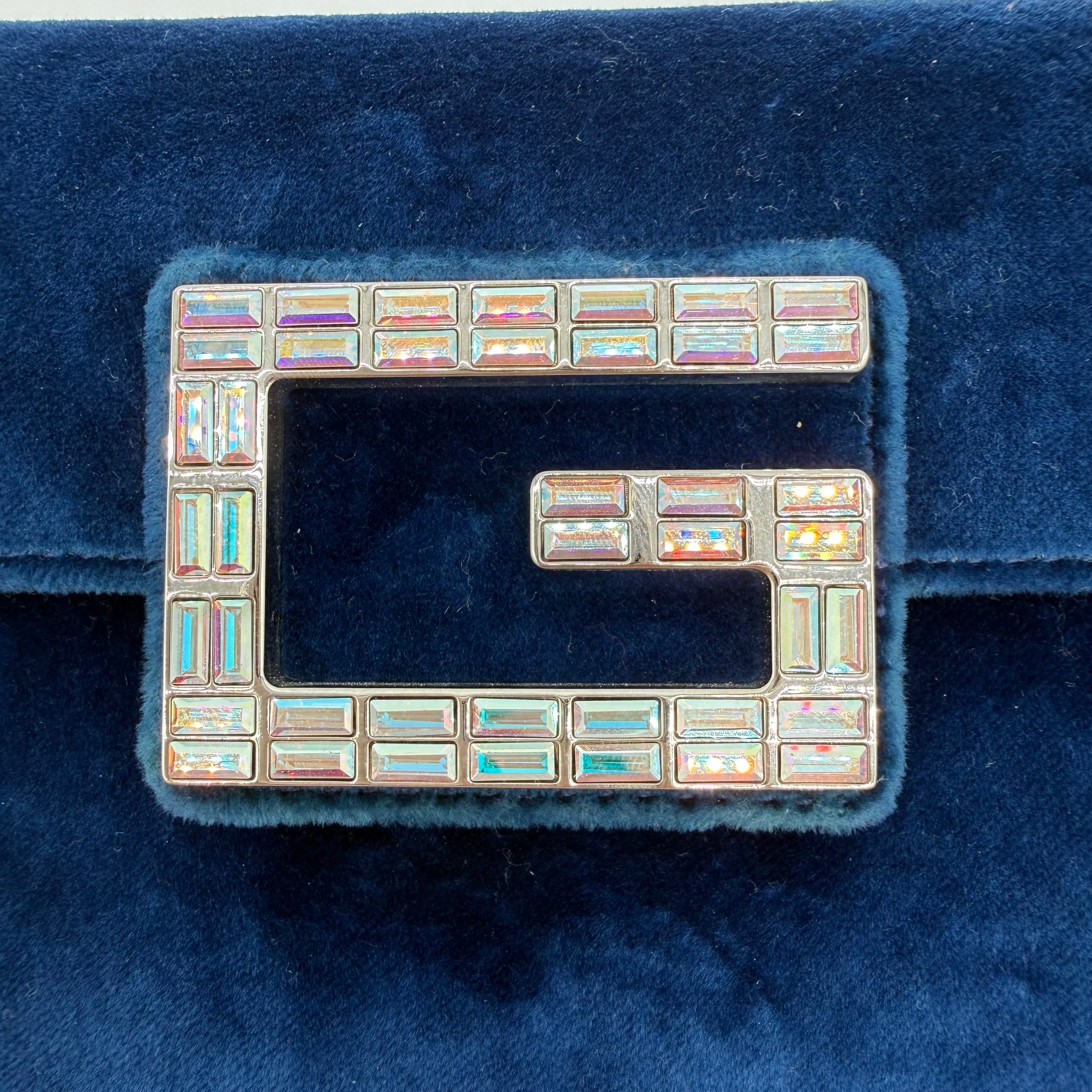 Gucci Broadway Crystal G Clutch | Midnight Blue Velvet | Silver & Gold Hardware