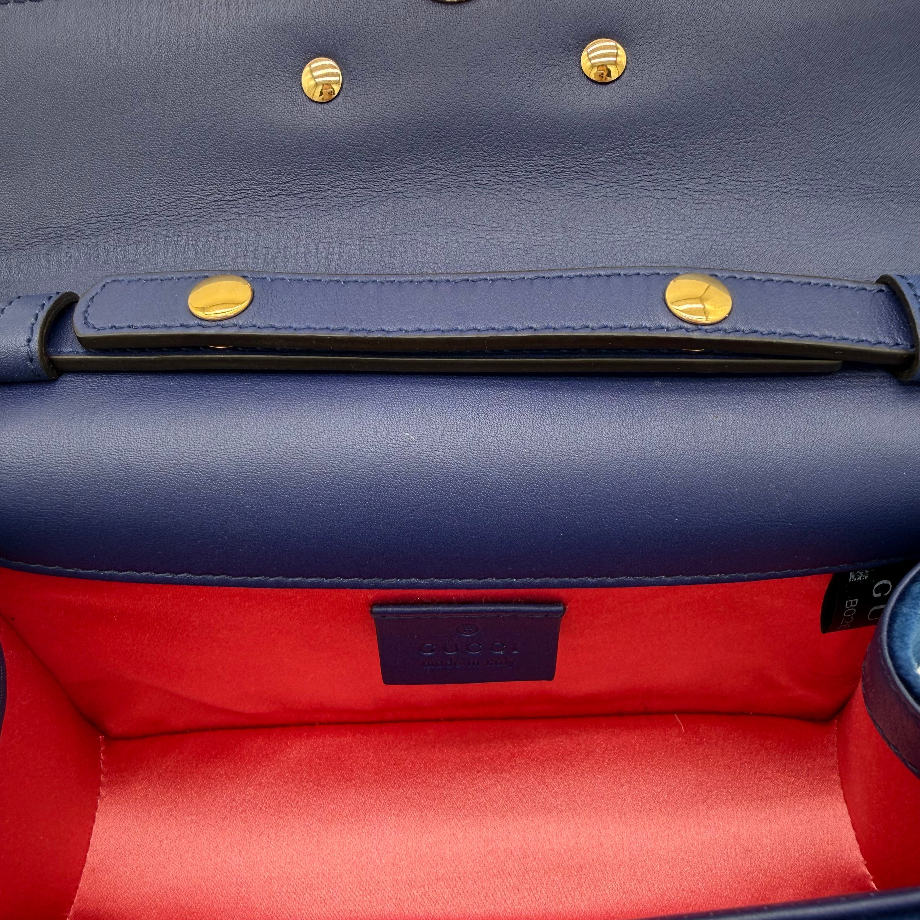 Gucci Broadway Crystal G Clutch | Midnight Blue Velvet | Silver & Gold Hardware
