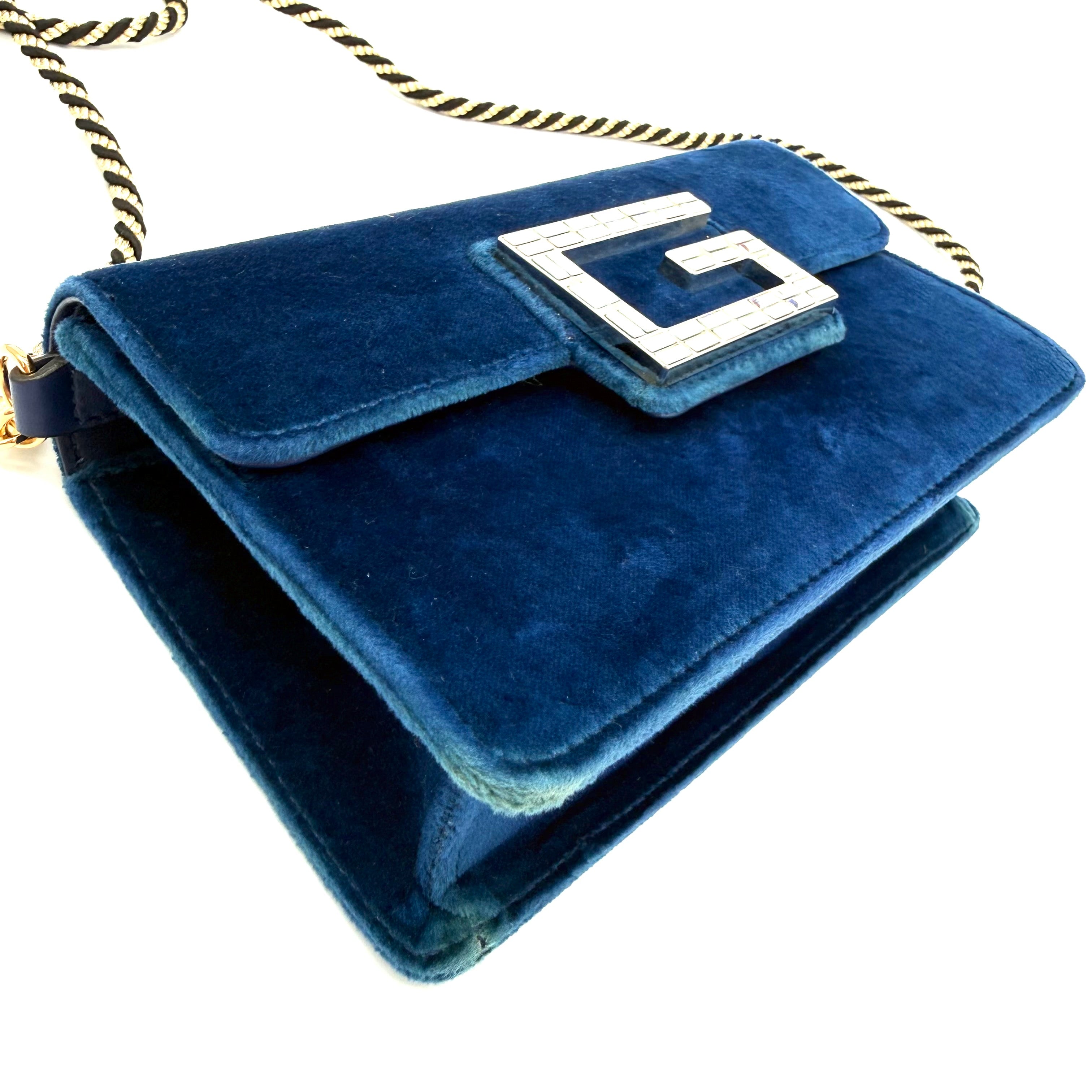Gucci Broadway Crystal G Clutch | Midnight Blue Velvet | Silver & Gold Hardware