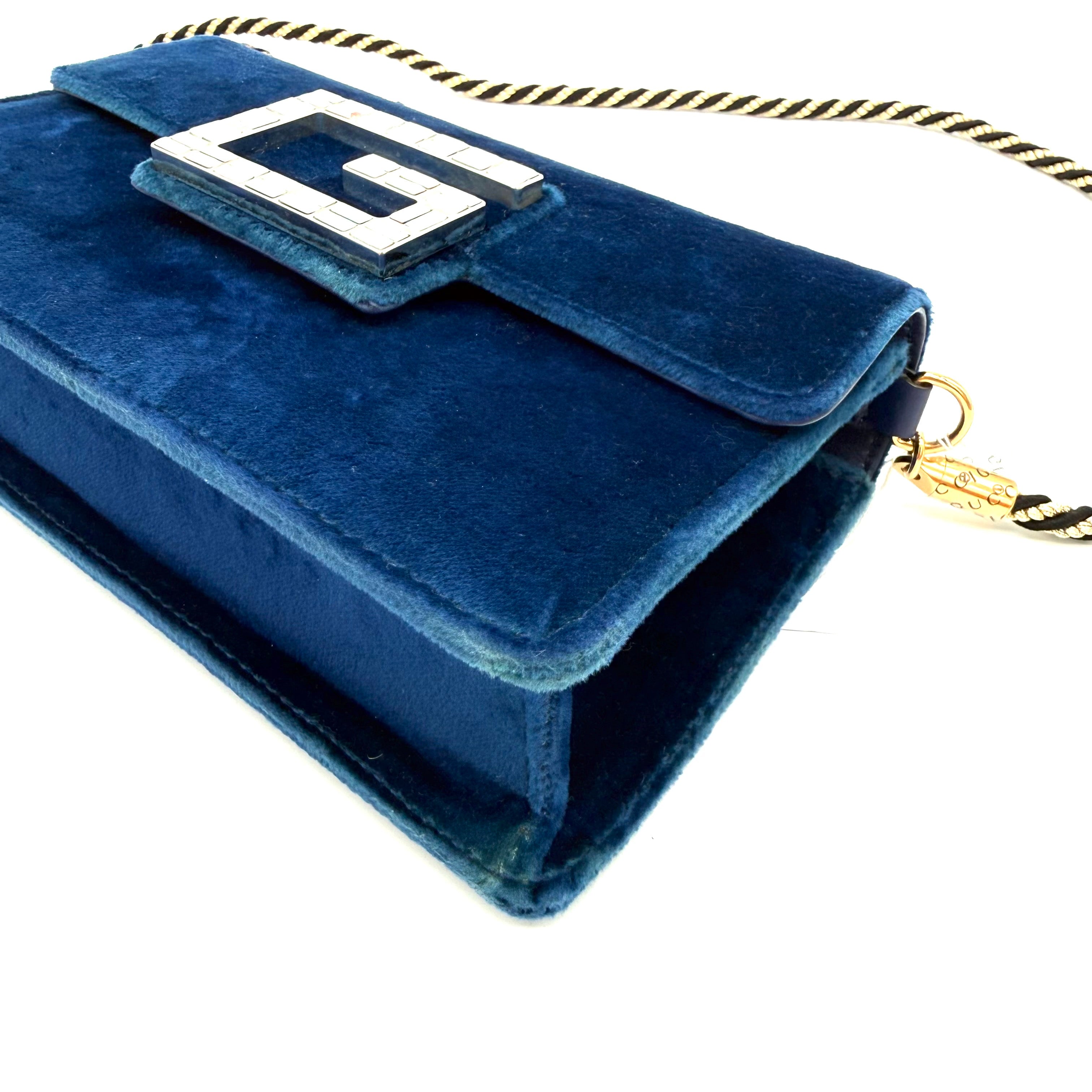 Gucci Broadway Crystal G Clutch | Midnight Blue Velvet | Silver & Gold Hardware