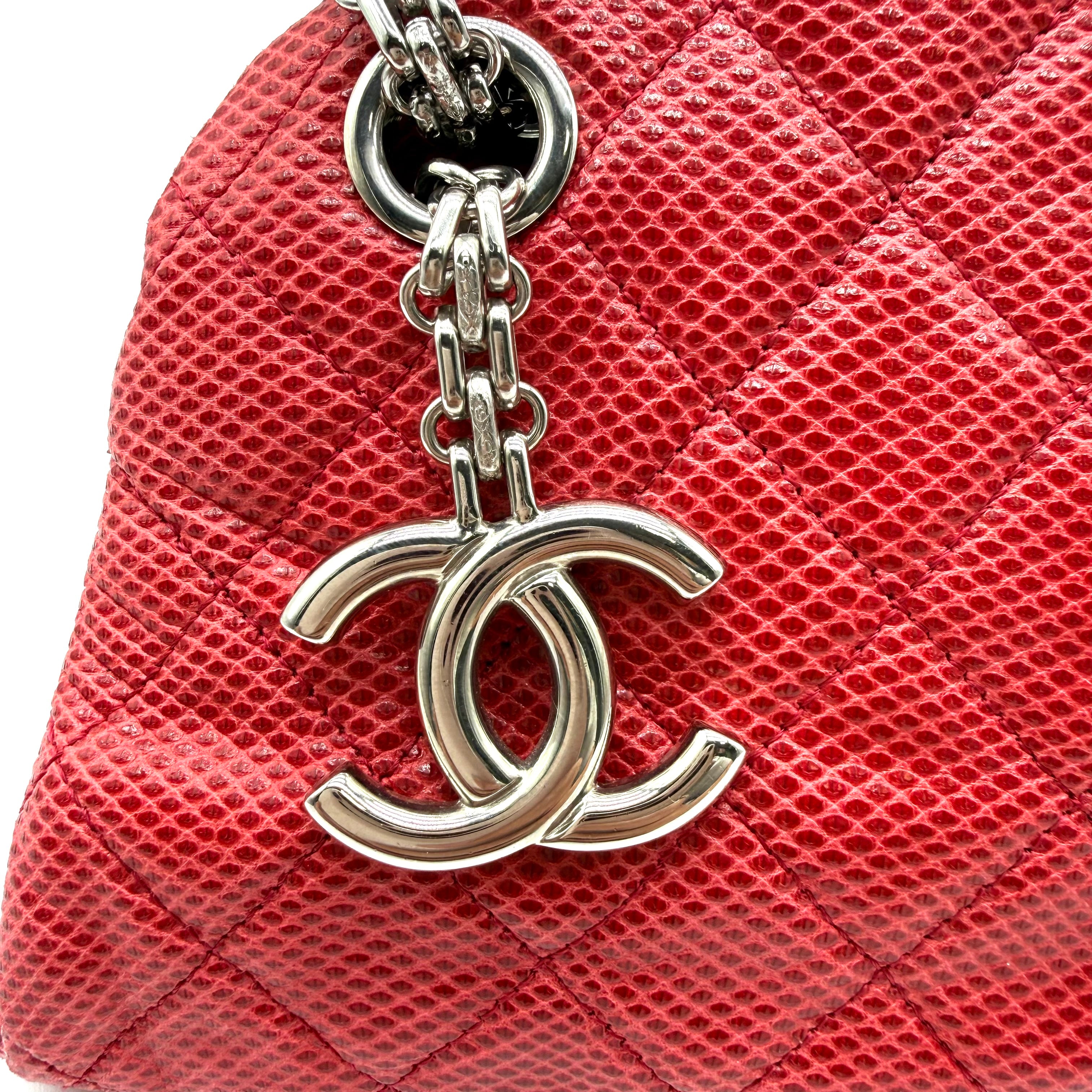 Chanel Mademoiselle Bowling Bag | Red Quilted Lizard-Embossed Leather | Silver Hardware