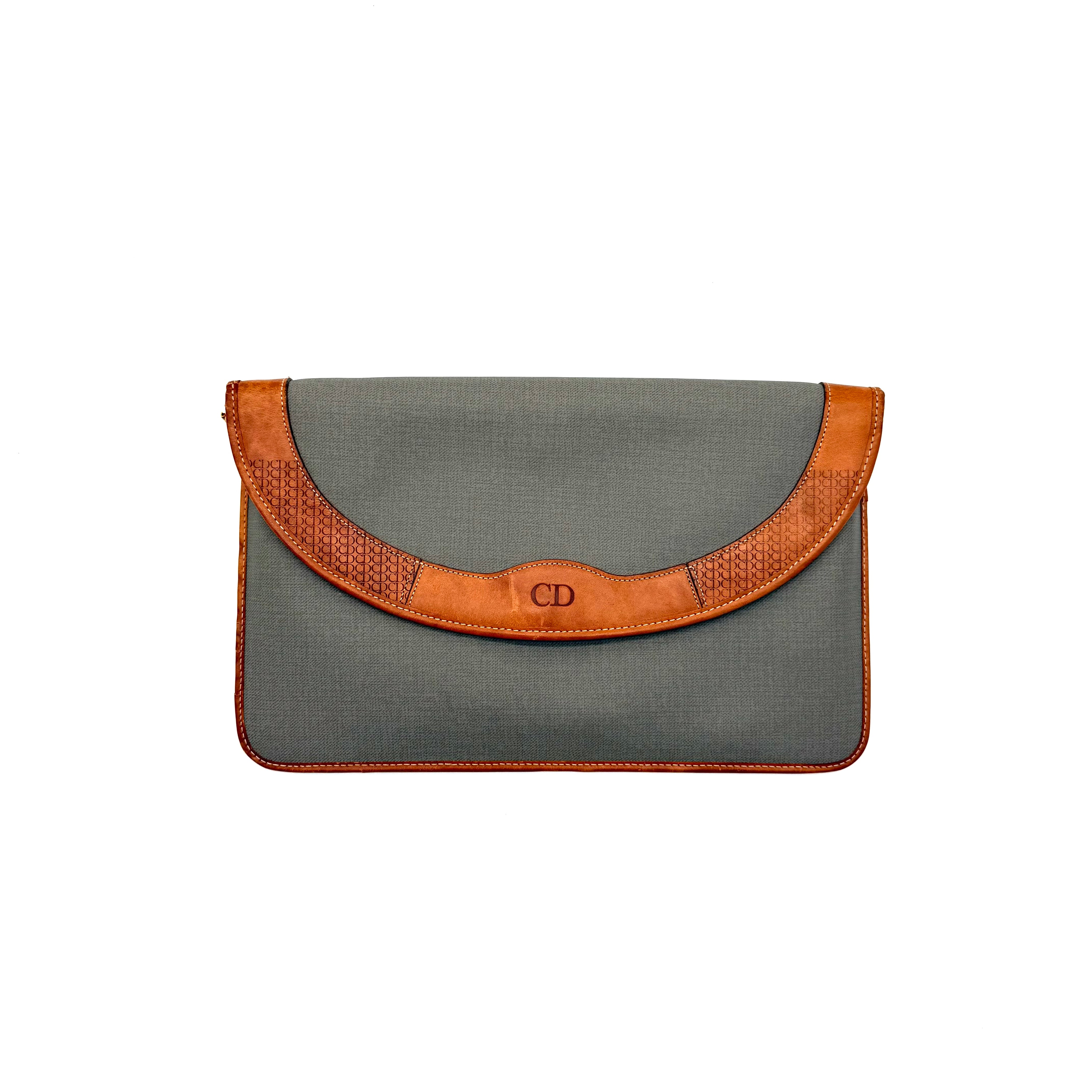 Vintage Christian Dior Envelope Clutch | Sage Canvas | Tan Leather Trim