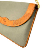 Vintage Christian Dior Envelope Clutch | Sage Canvas | Tan Leather Trim