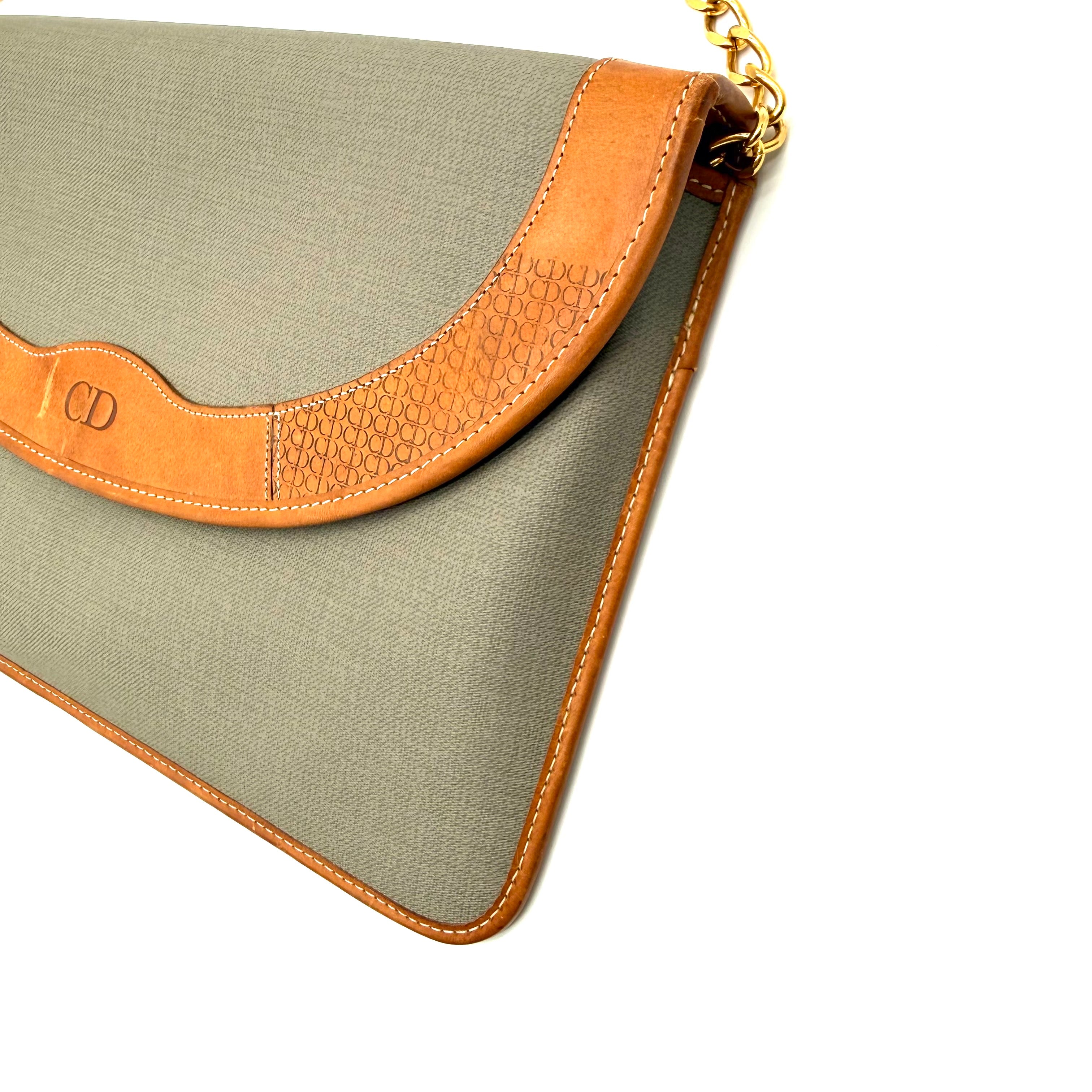 Vintage Christian Dior Envelope Clutch | Sage Canvas | Tan Leather Trim
