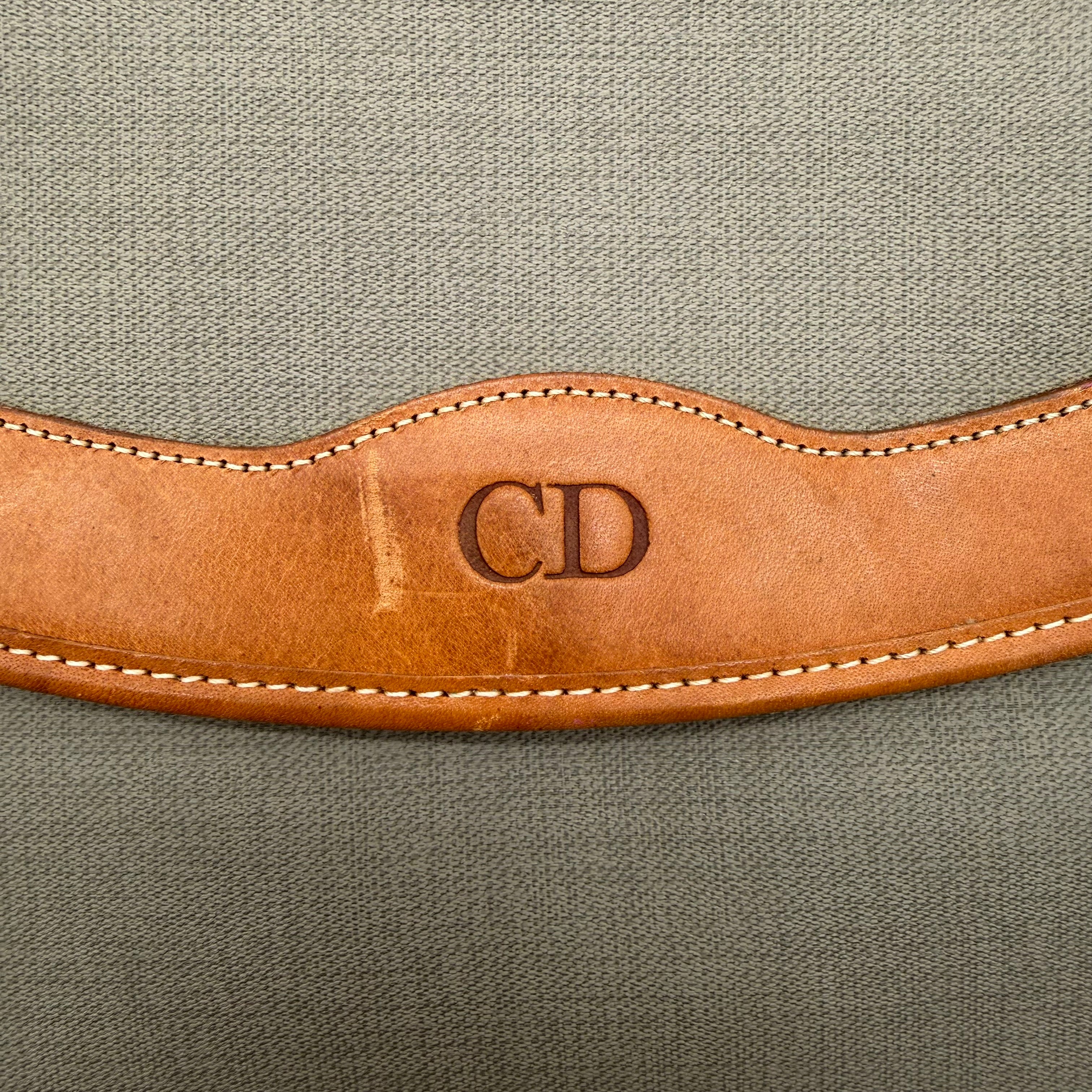 Vintage Christian Dior Envelope Clutch | Sage Canvas | Tan Leather Trim