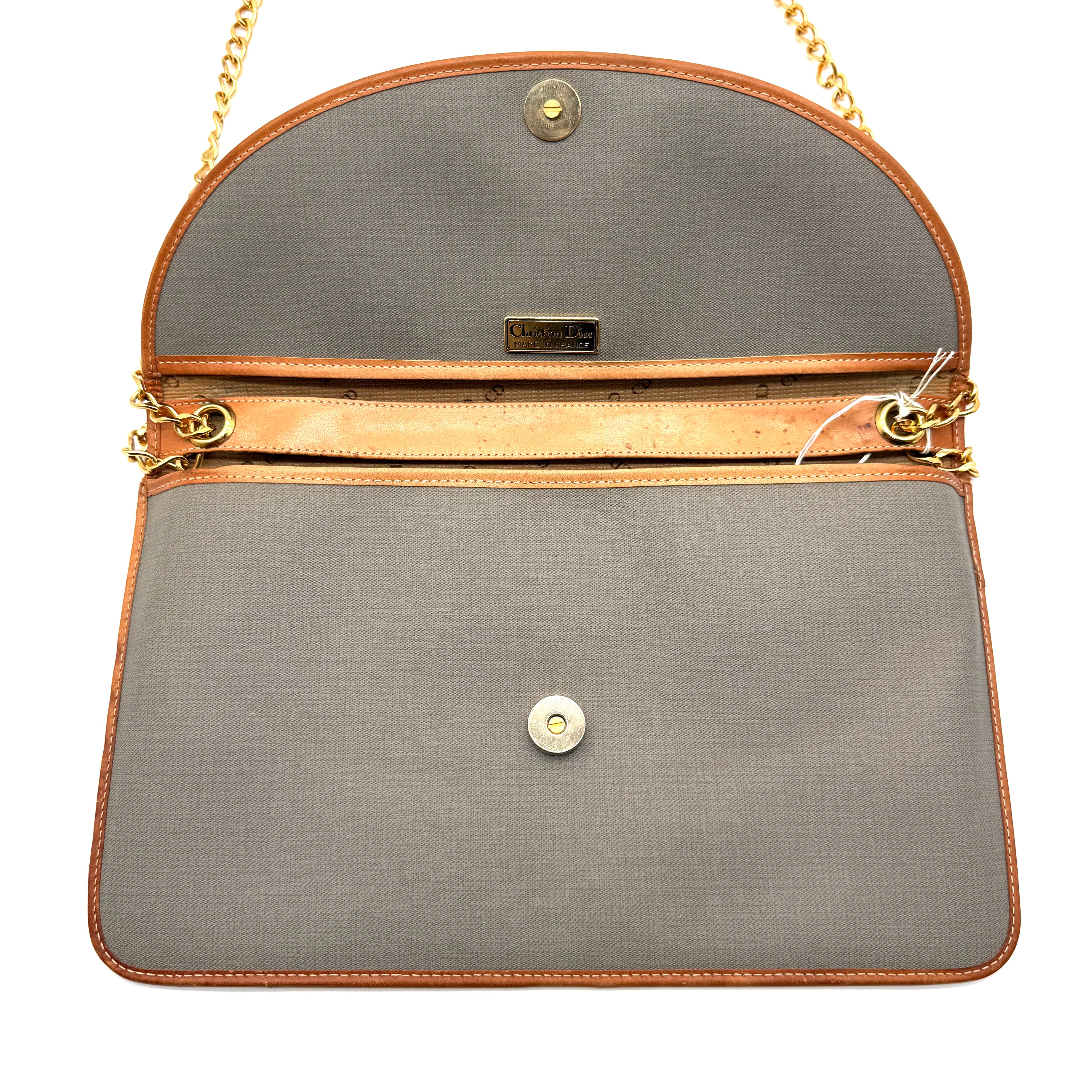 Vintage Christian Dior Envelope Clutch | Sage Canvas | Tan Leather Trim