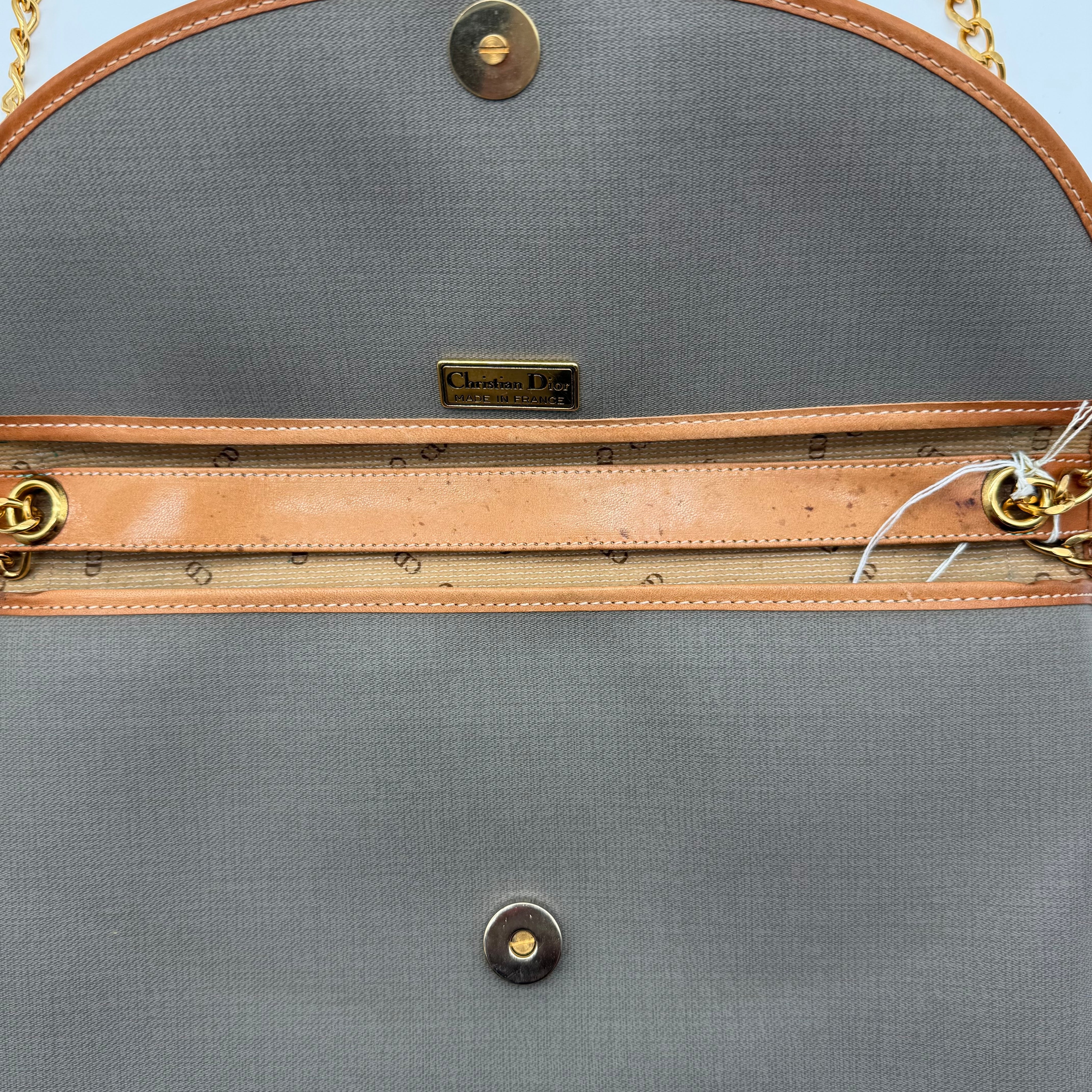 Vintage Christian Dior Envelope Clutch | Sage Canvas | Tan Leather Trim