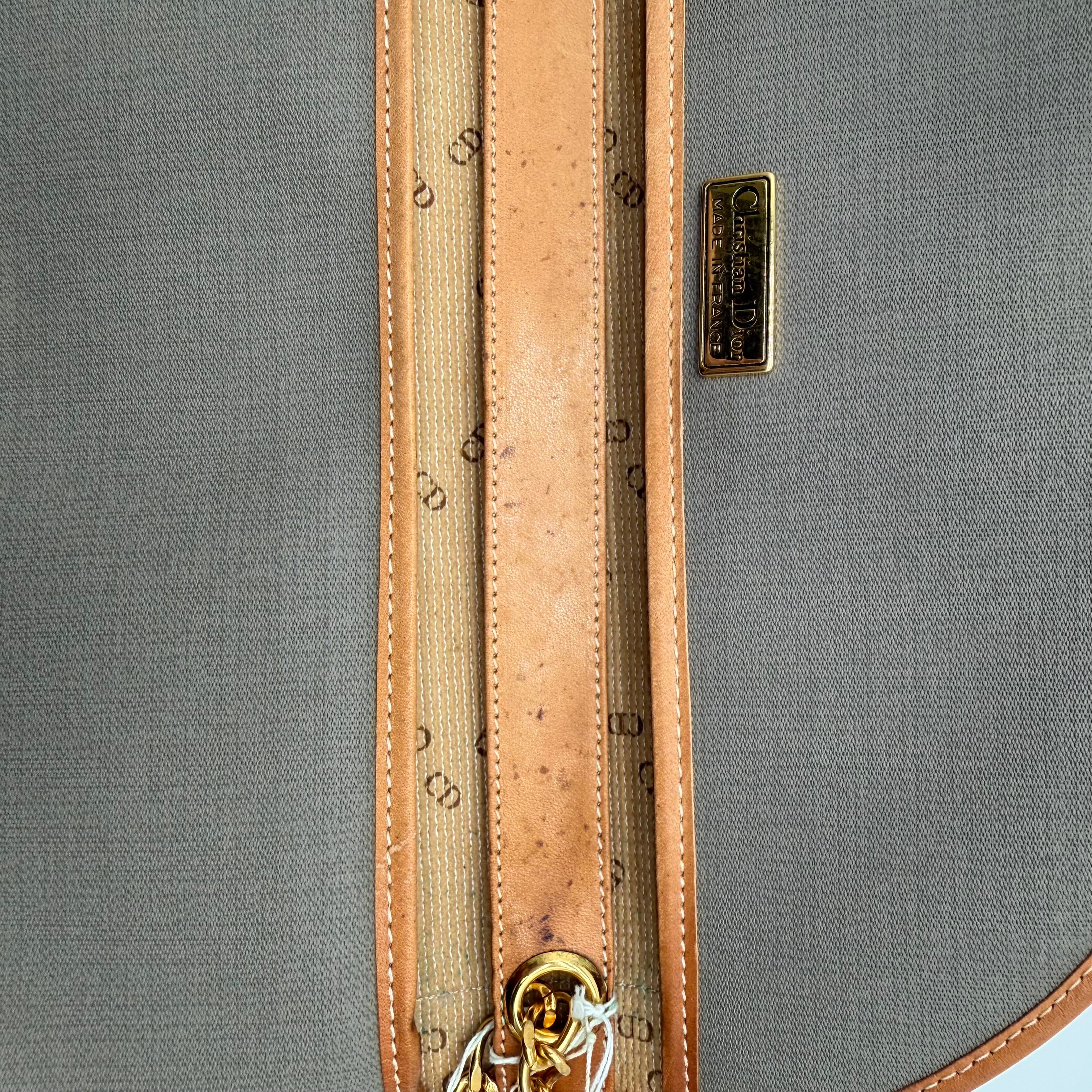Vintage Christian Dior Envelope Clutch | Sage Canvas | Tan Leather Trim