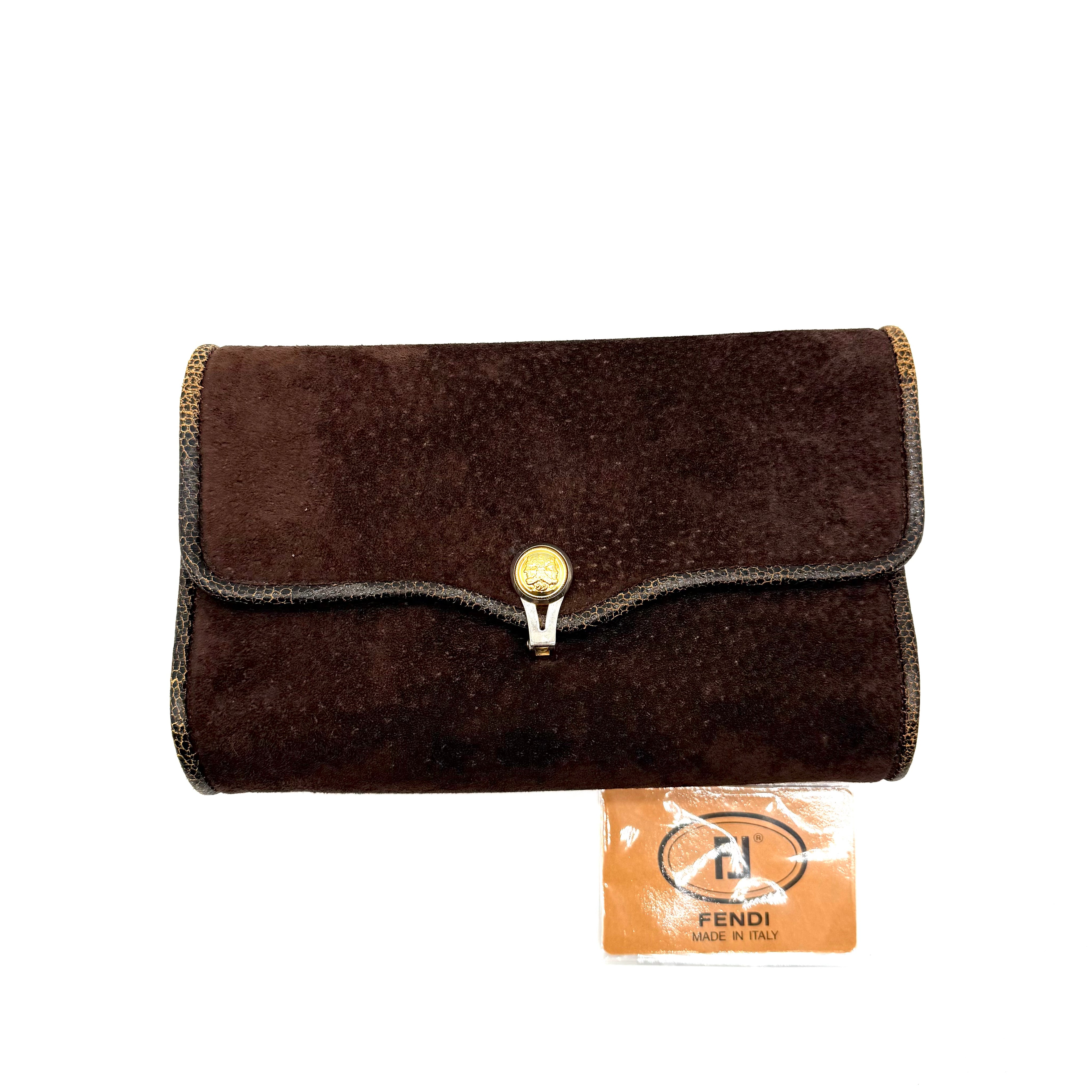 Vintage Fendi Suede Clutch | Brown Suede | Snakeskin Trim