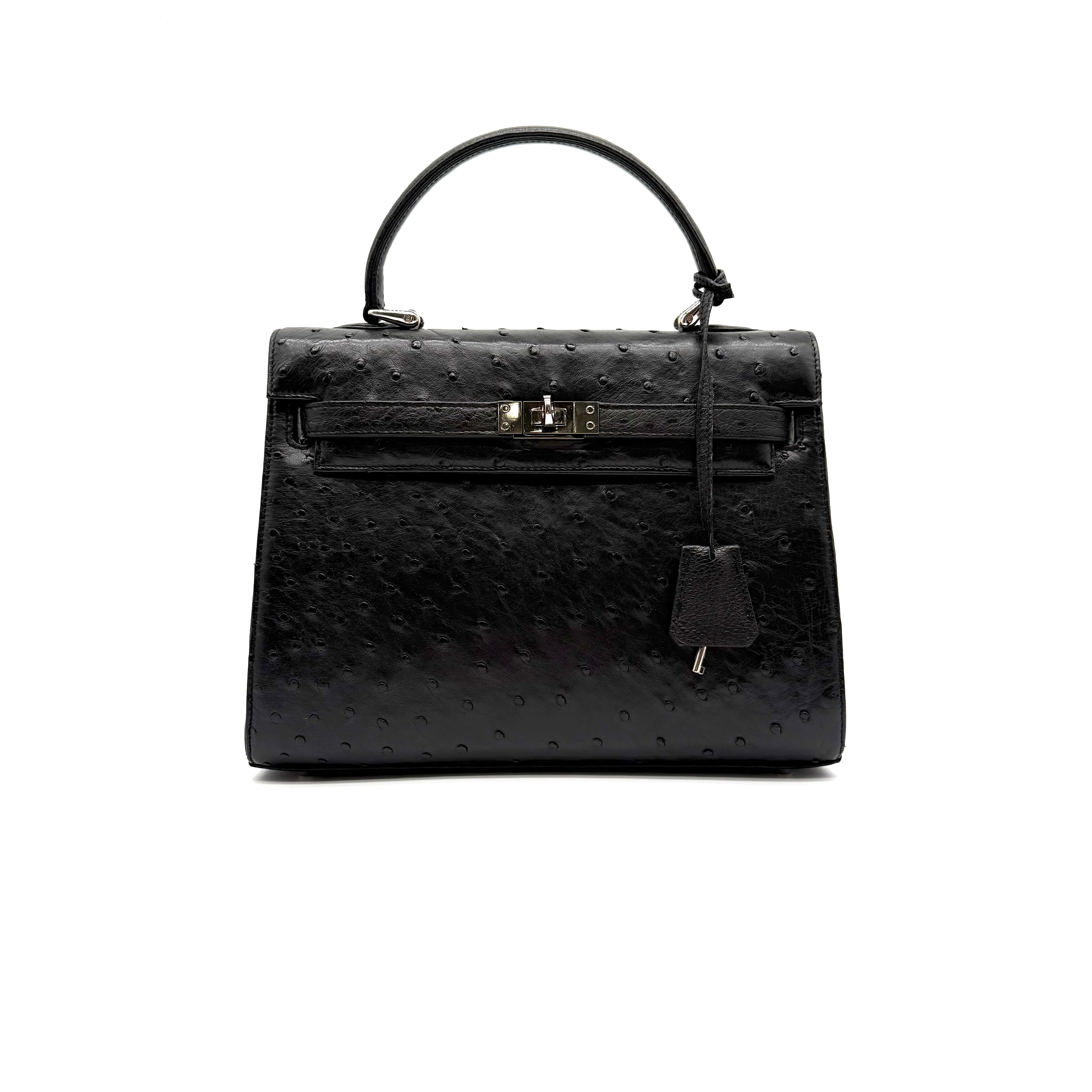 JRA | Kelly-Style Top Handle Bag | Ostrich Leather | Silver Hardware