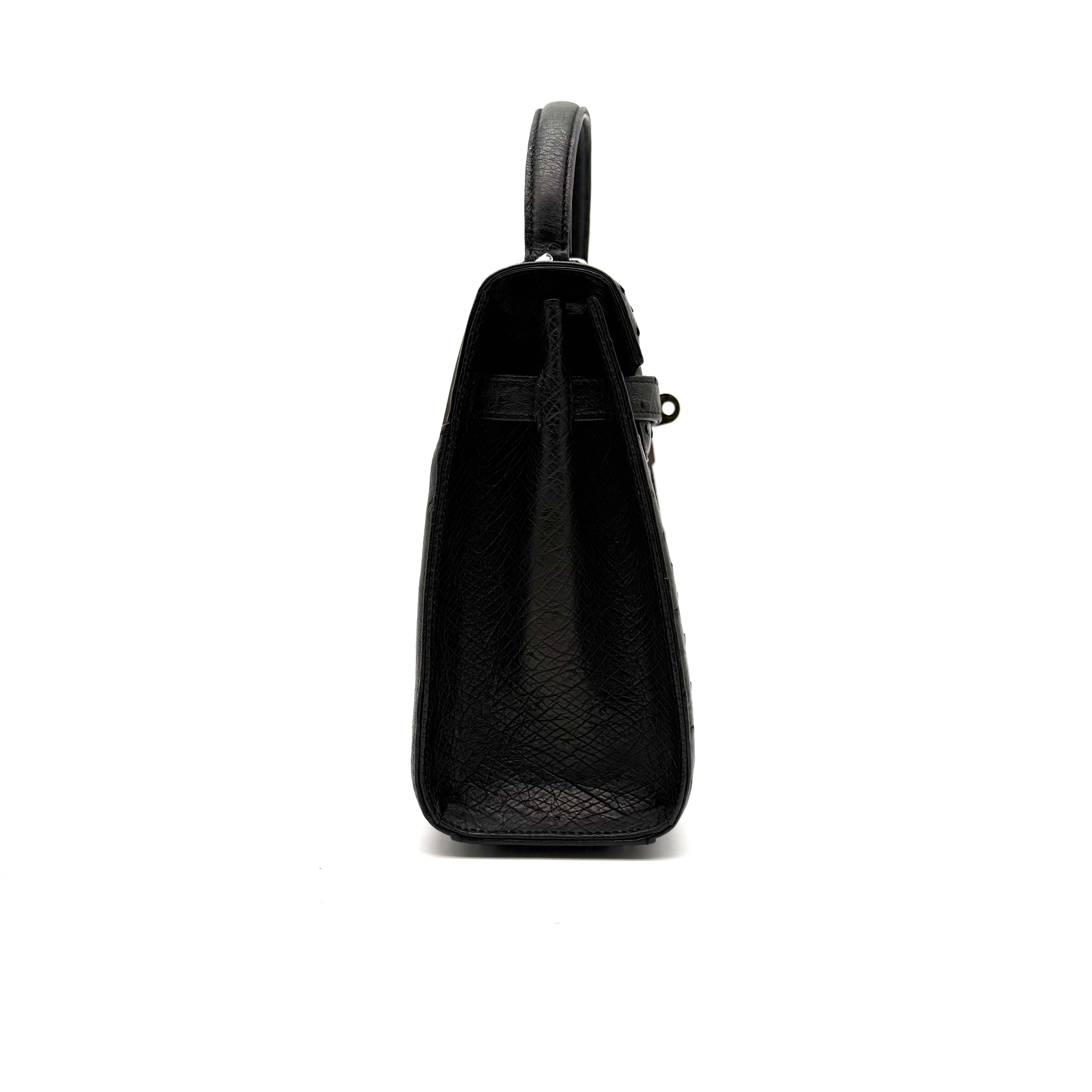 JRA | Kelly-Style Top Handle Bag | Ostrich Leather | Silver Hardware