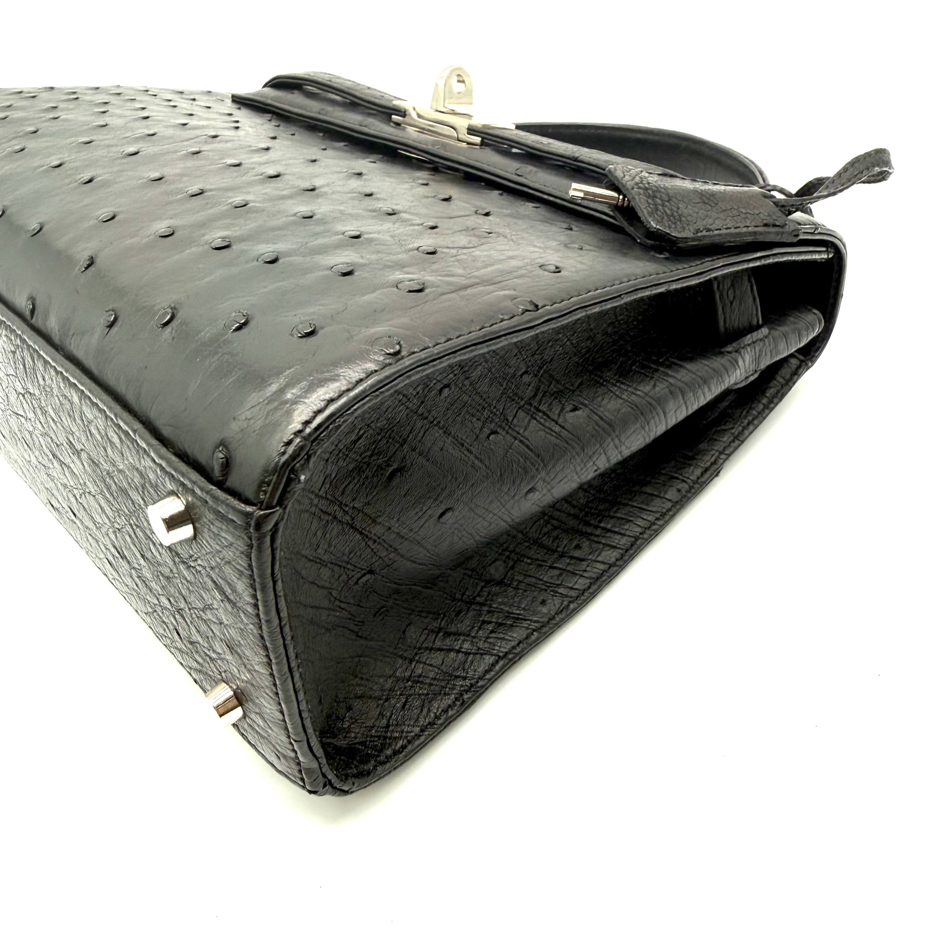 JRA | Kelly-Style Top Handle Bag | Ostrich Leather | Silver Hardware