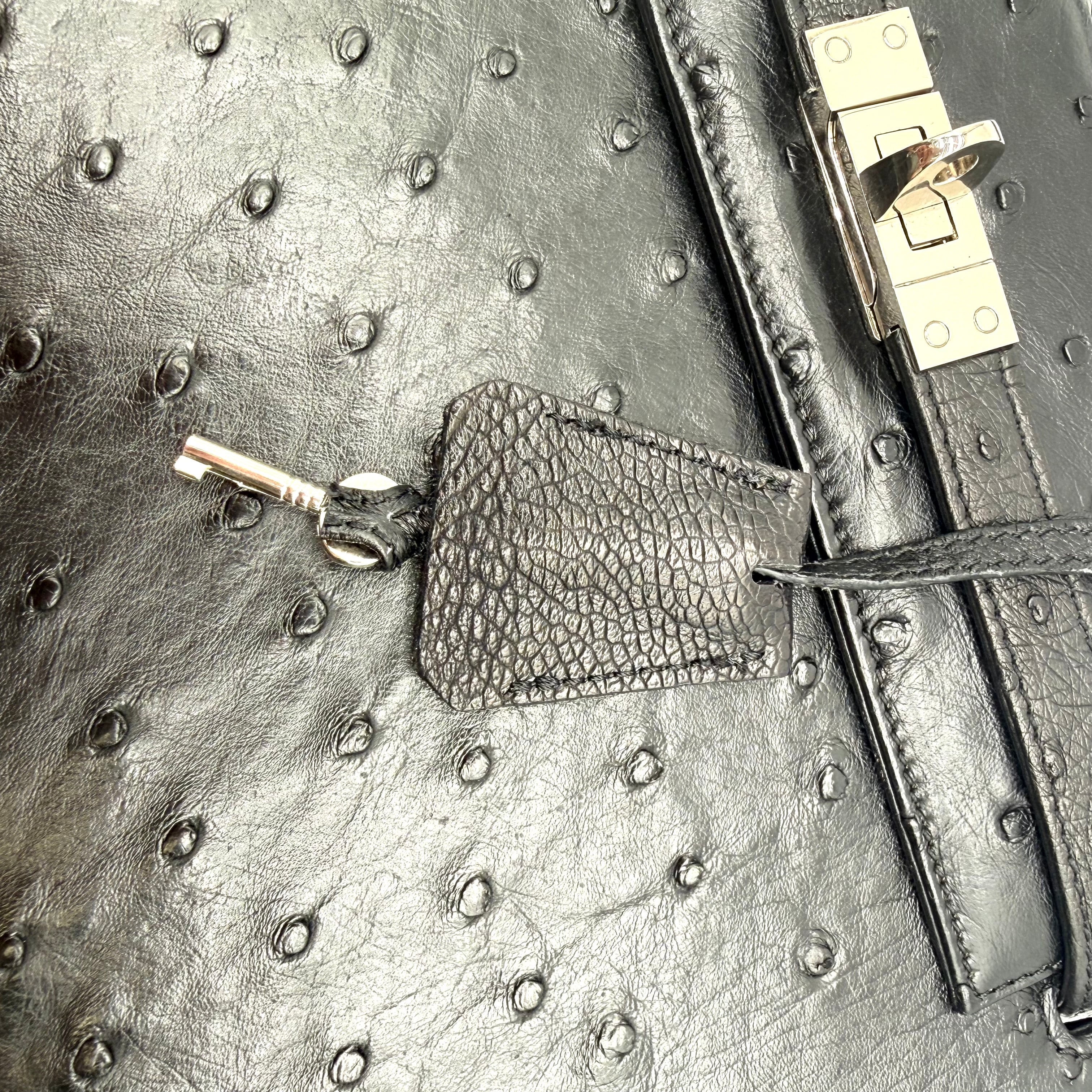 JRA | Kelly-Style Top Handle Bag | Ostrich Leather | Silver Hardware
