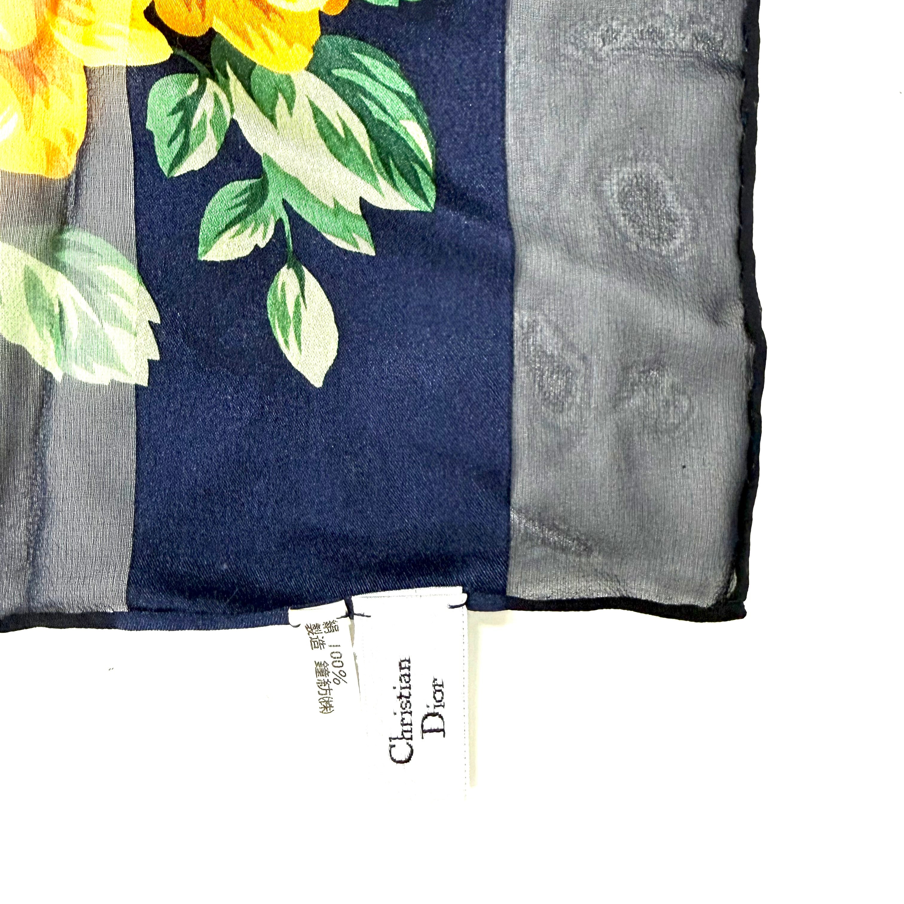 Christian Dior | Silk Scarf | Rose & Houndstooth Print | Navy & Ivory (85cm)