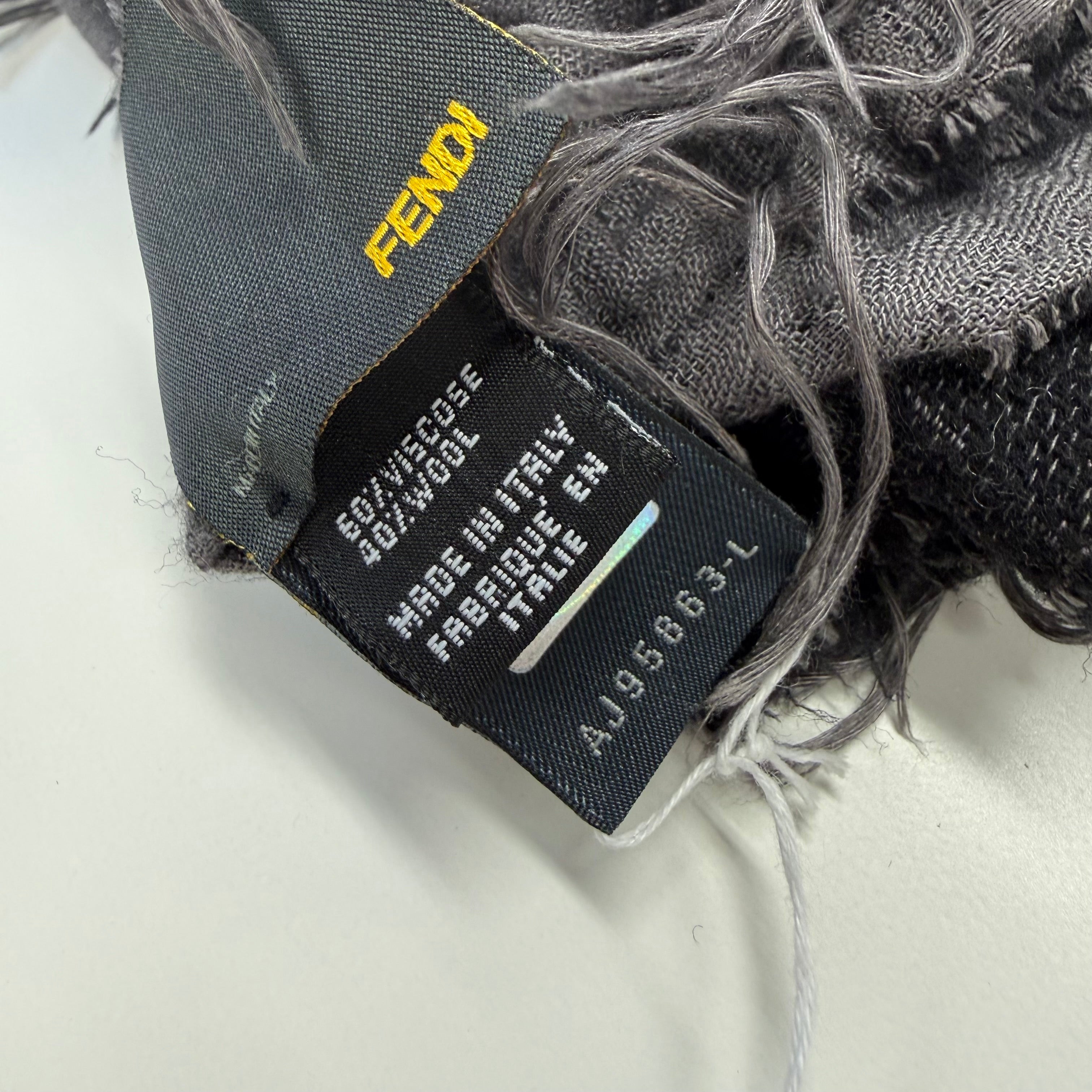 Fendi | Zucca Monogram Wool Scarf | Black & Grey | Fringed Edge