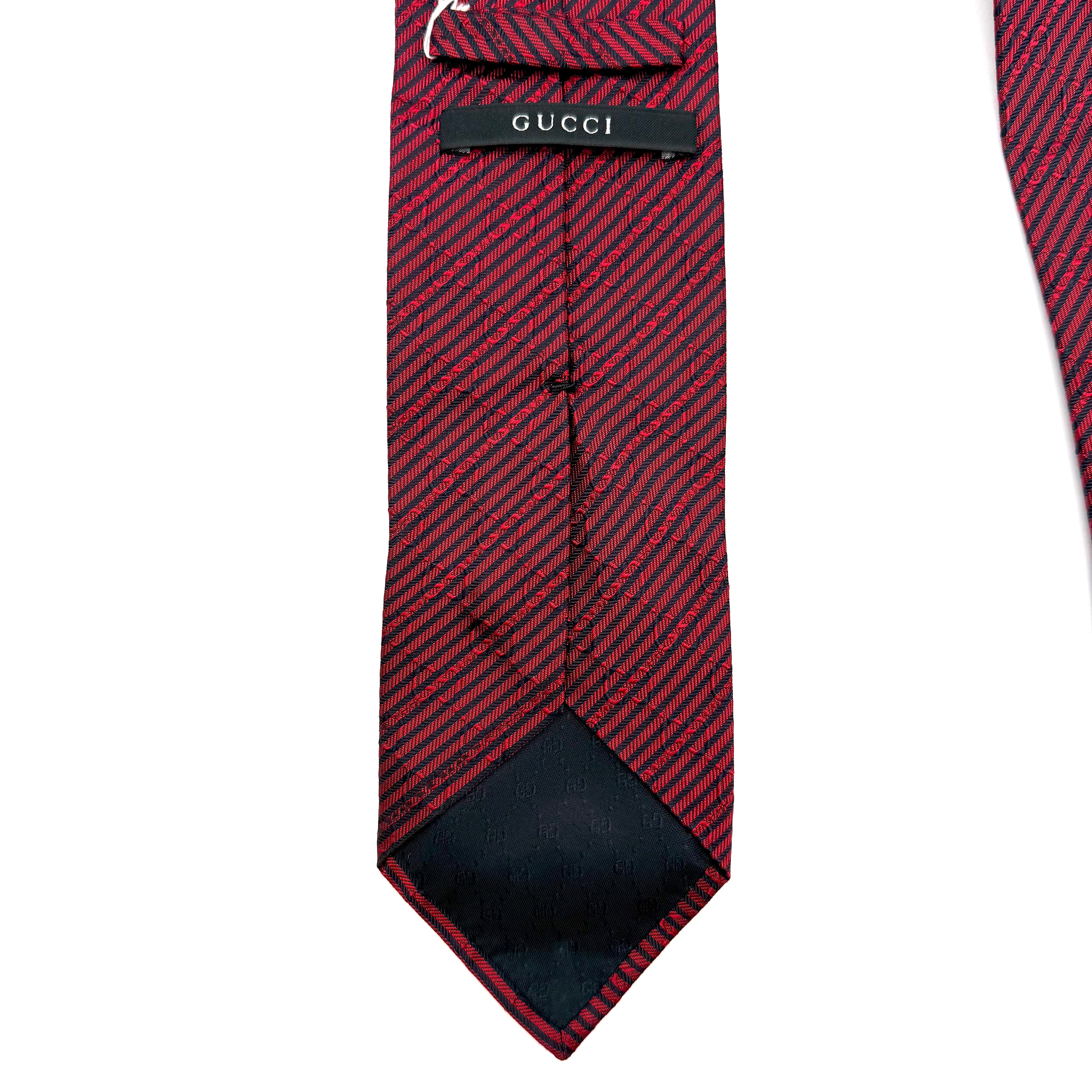 Gucci | Silk Tie | Diagonal Stripe & Crest Print | Red & Navy