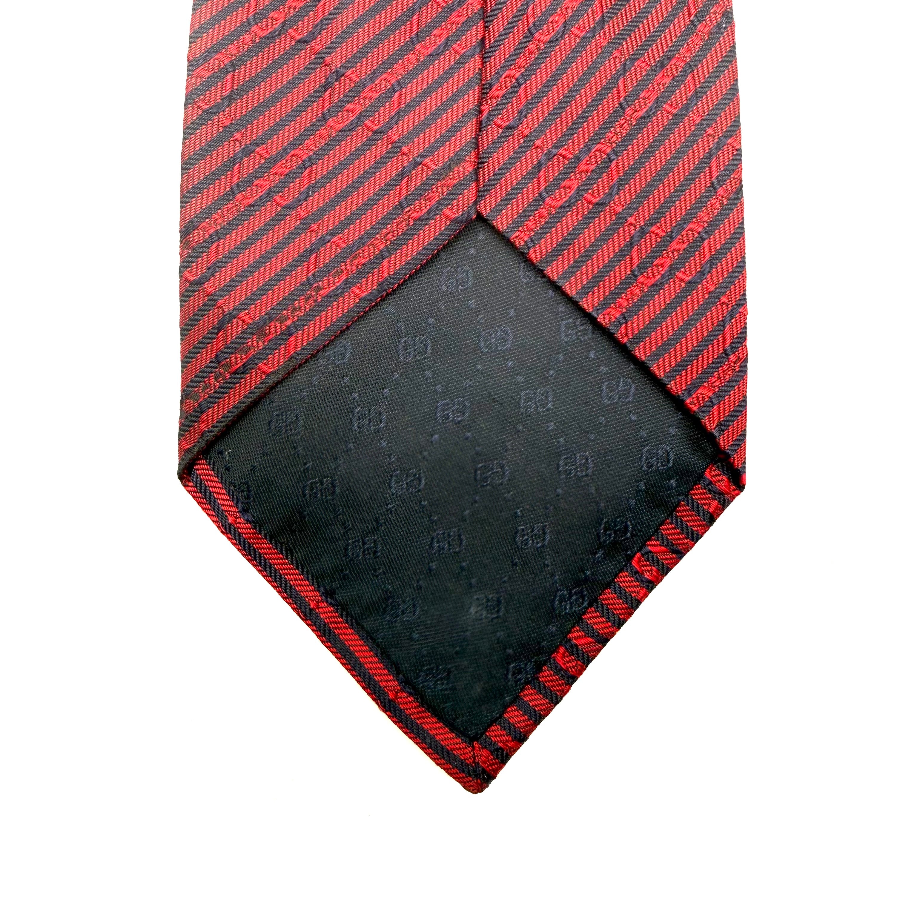 Gucci | Silk Tie | Diagonal Stripe & Crest Print | Red & Navy
