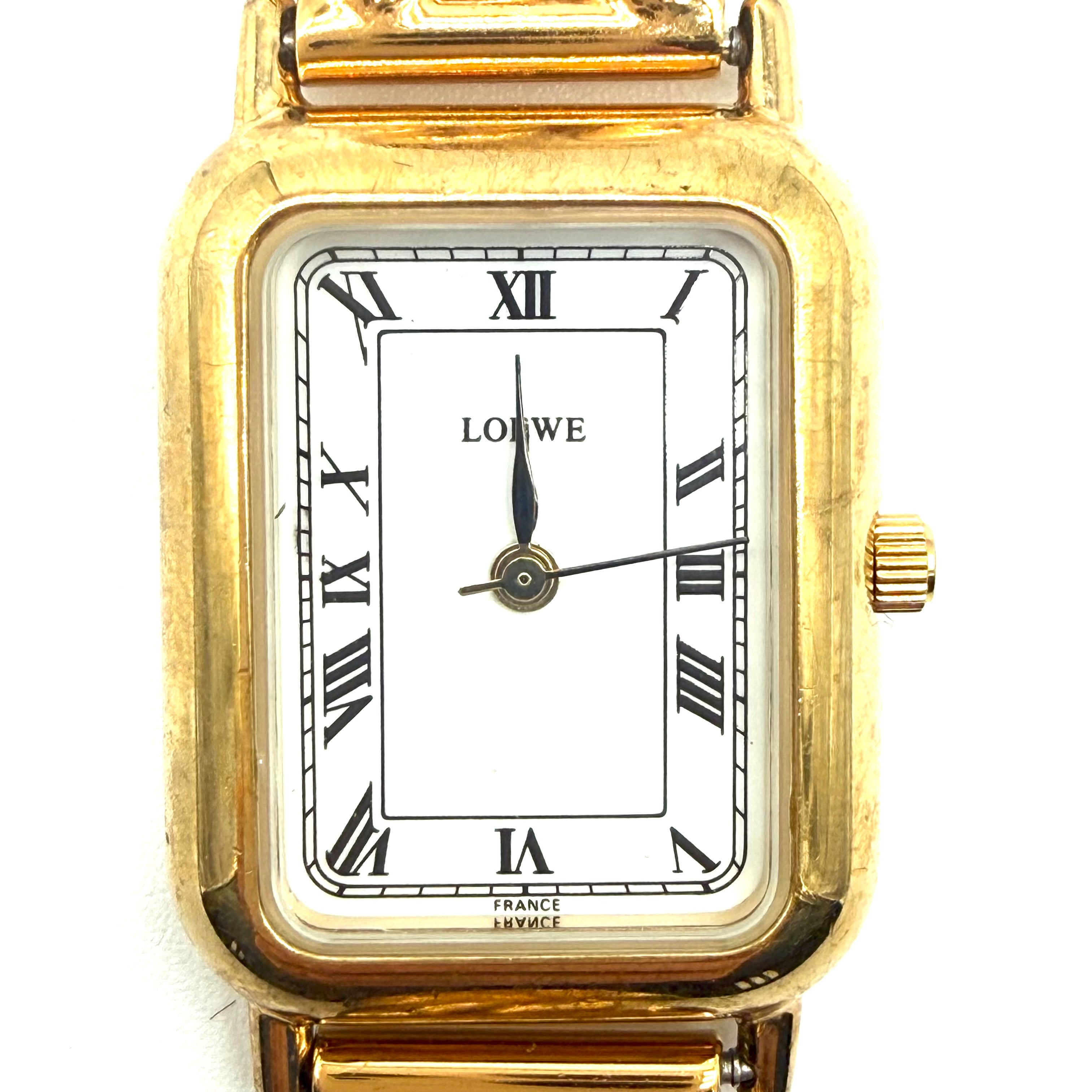Loewe | Vintage Rectangular Watch | Gold-Plated | Chain & Leather Strap (~16.5cm)