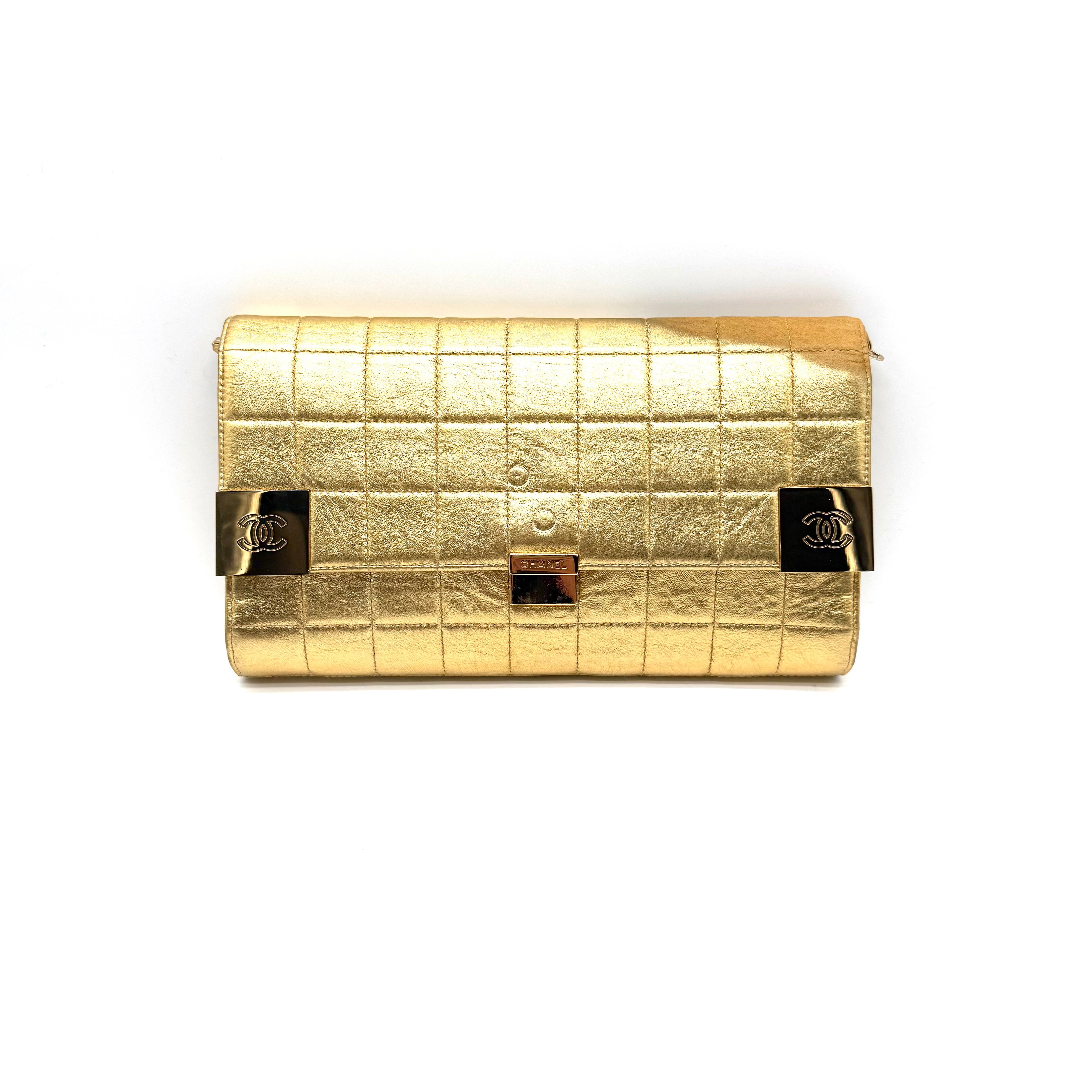 Chanel | Metallic Gold Chocolate Bar Flap Clutch | Chain Strap | Gold Hardware