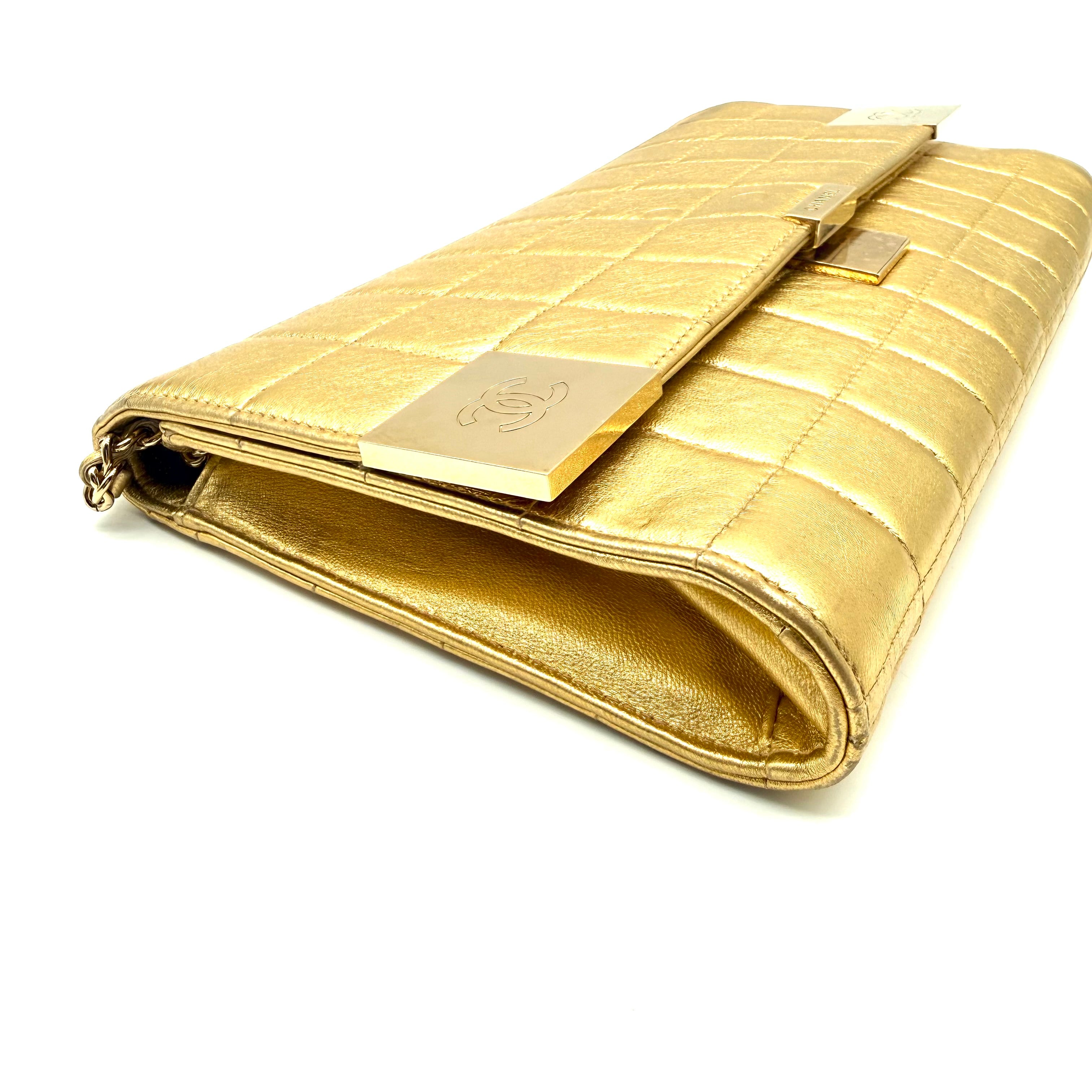 Chanel | Metallic Gold Chocolate Bar Flap Clutch | Chain Strap | Gold Hardware