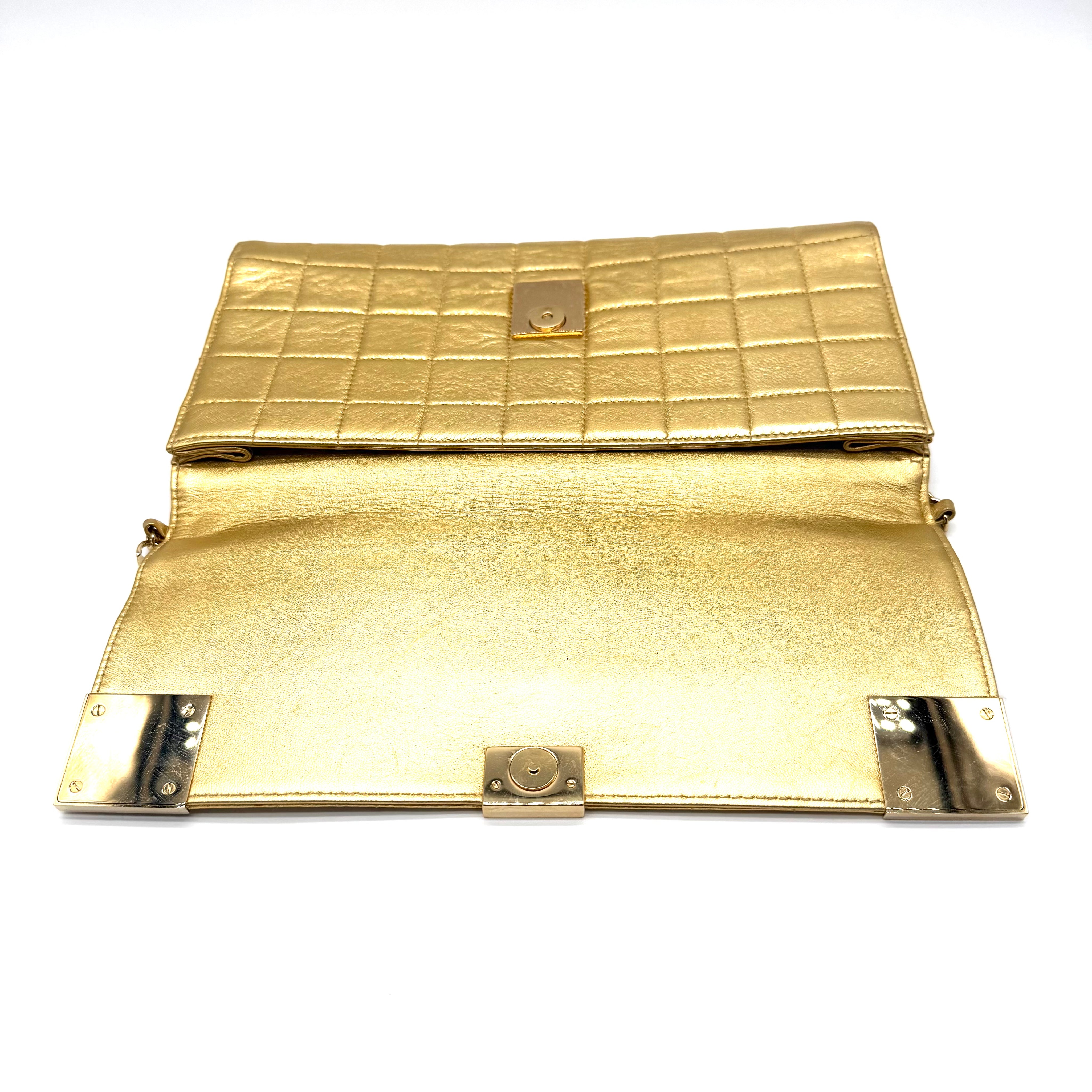 Chanel | Metallic Gold Chocolate Bar Flap Clutch | Chain Strap | Gold Hardware