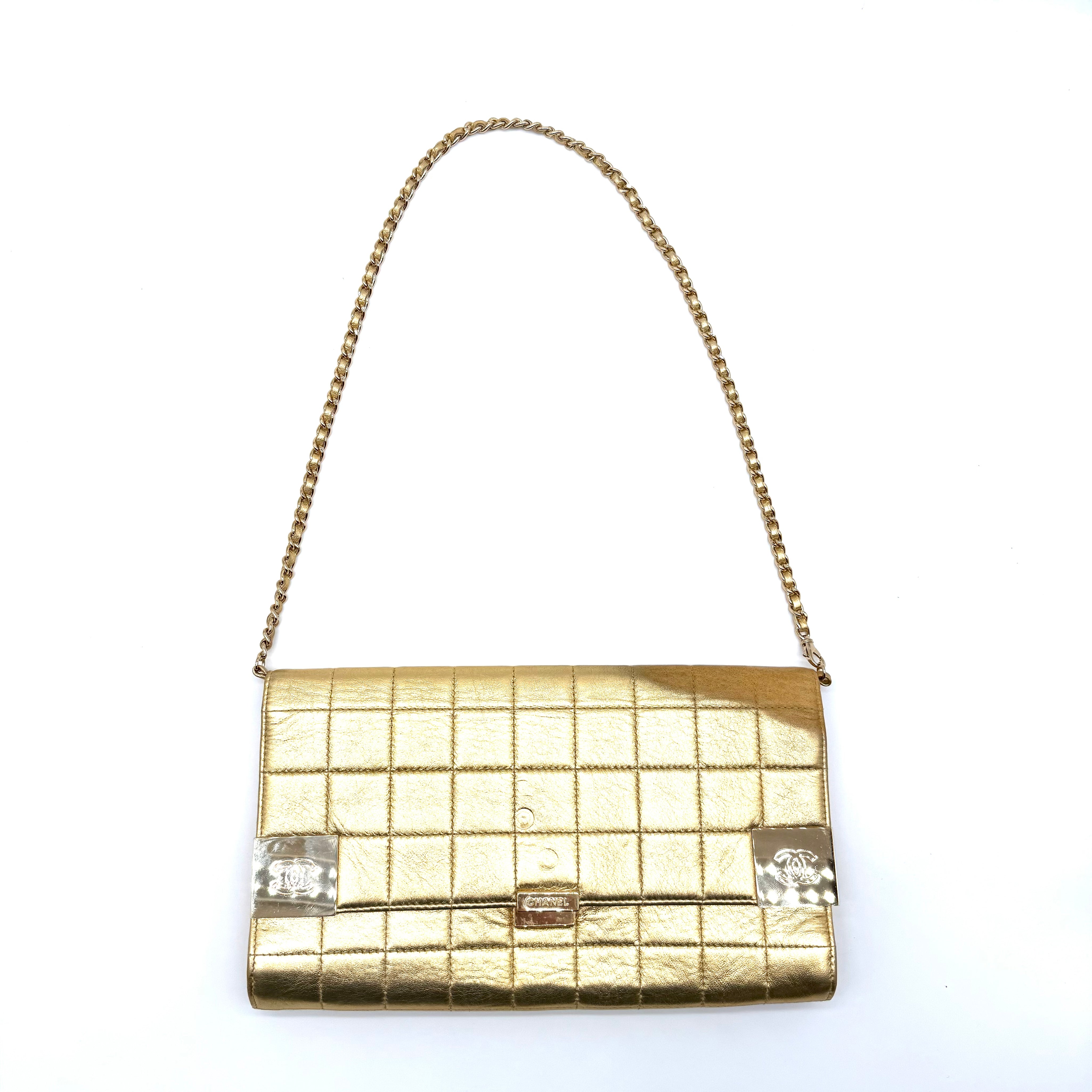 Chanel | Metallic Gold Chocolate Bar Flap Clutch | Chain Strap | Gold Hardware
